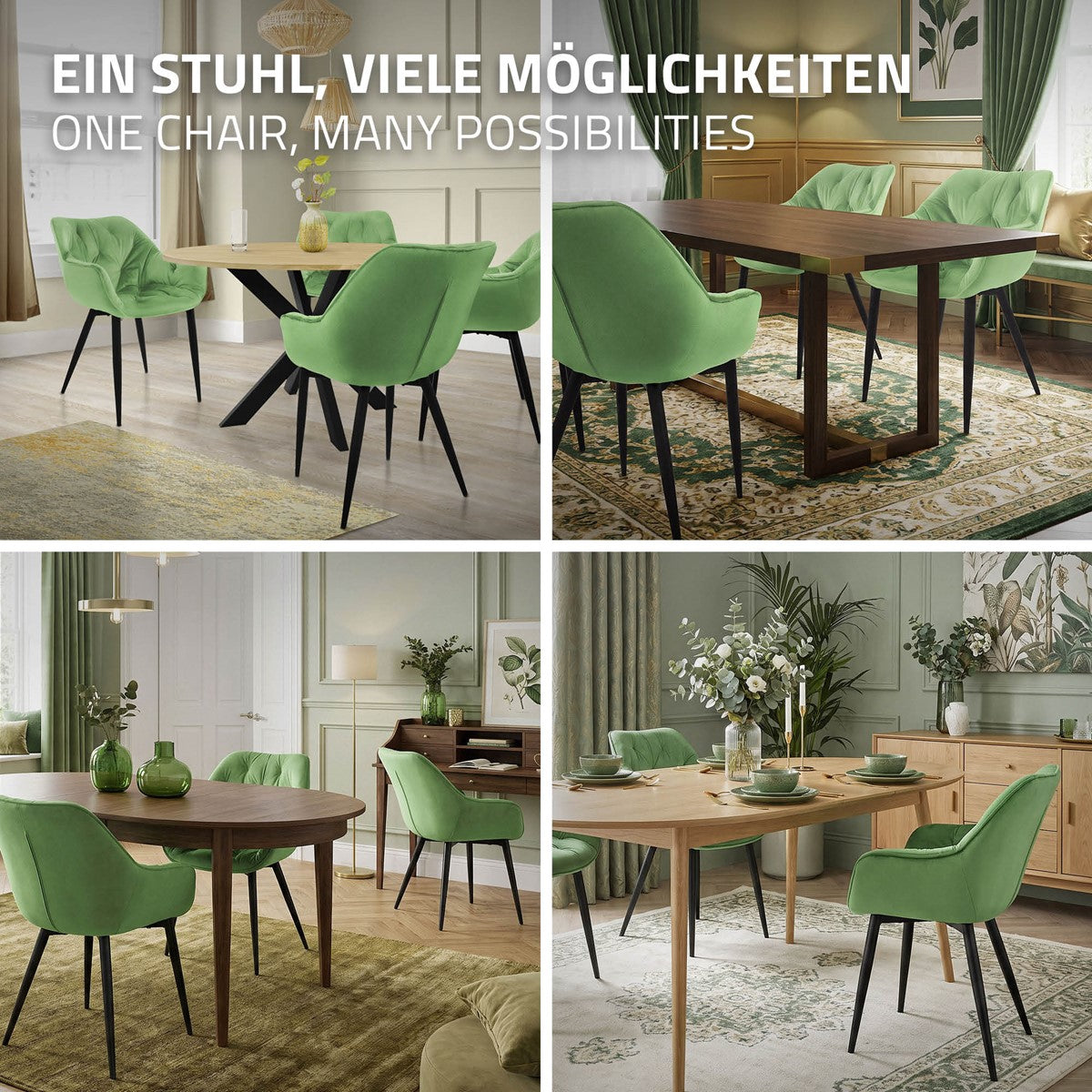 Vier Bilder von einem Esszimmer mit grünen Stühlen und Holztisch.