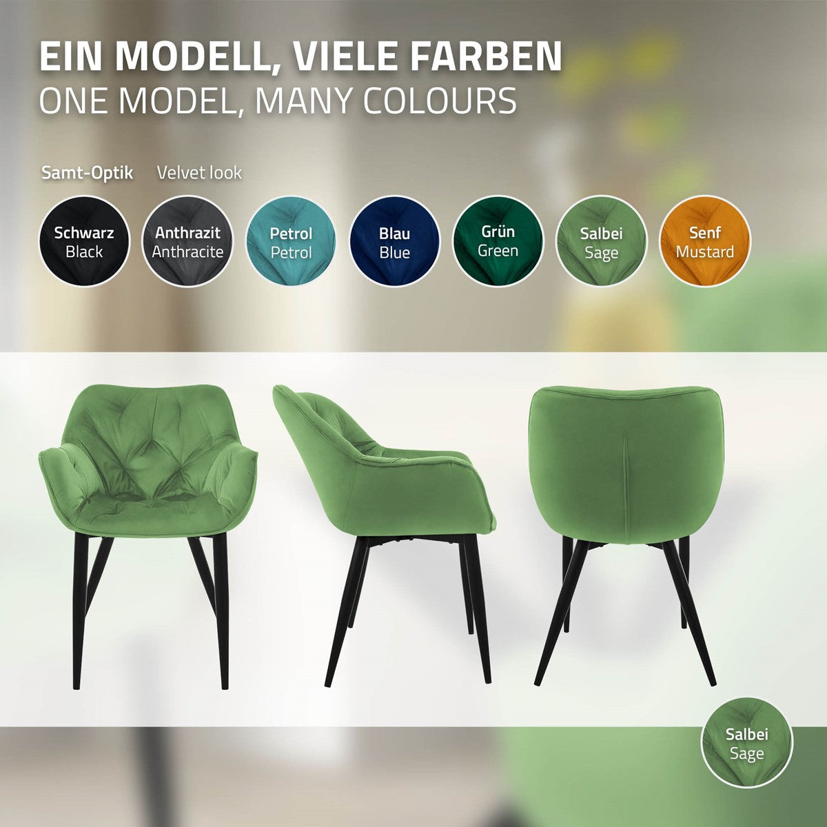 Ein Bild mit verschiedenen Stuhlfarben und einem grünen Stuhl im Vordergrund.
