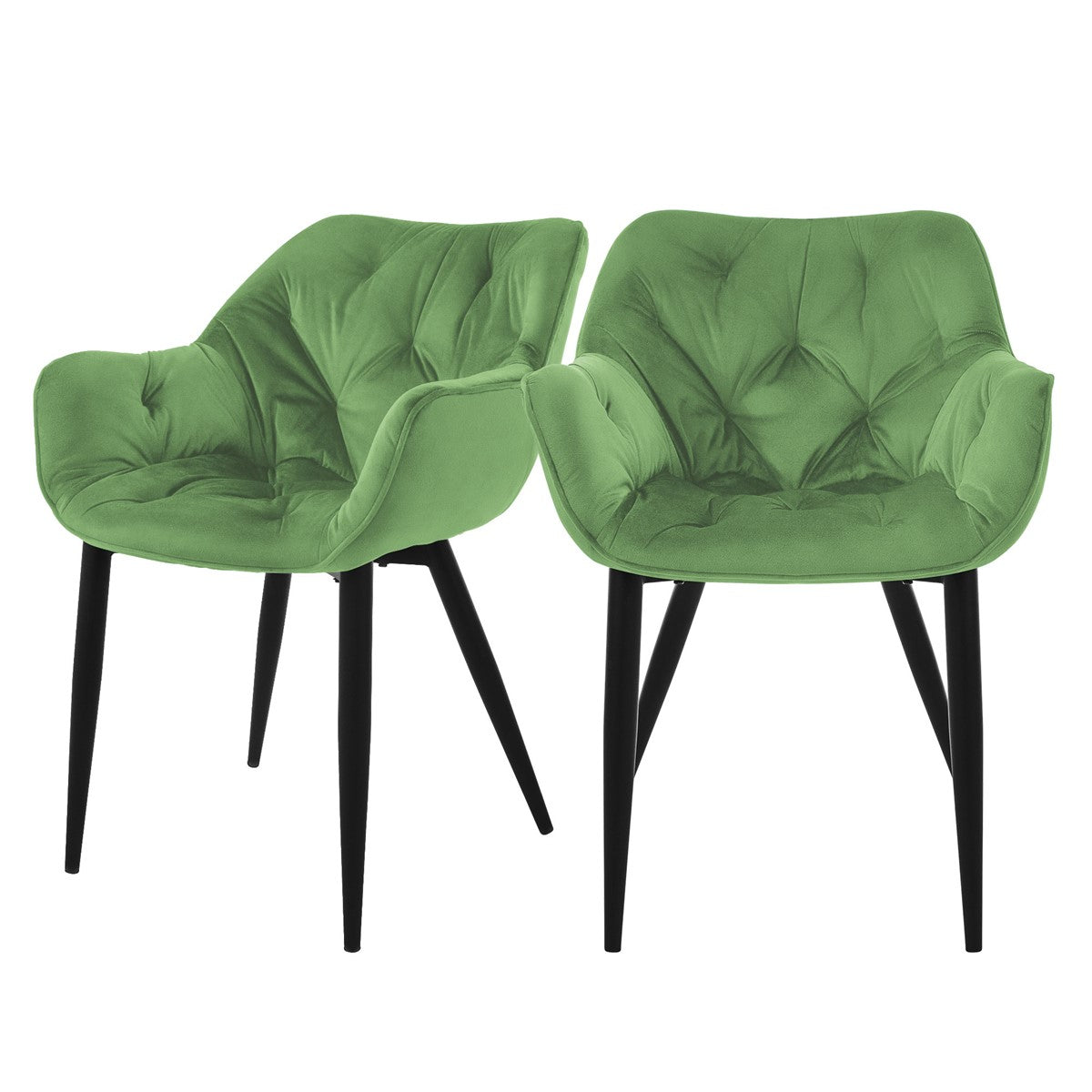 Zwei grüne Stühle mit schwarzem Gestell.