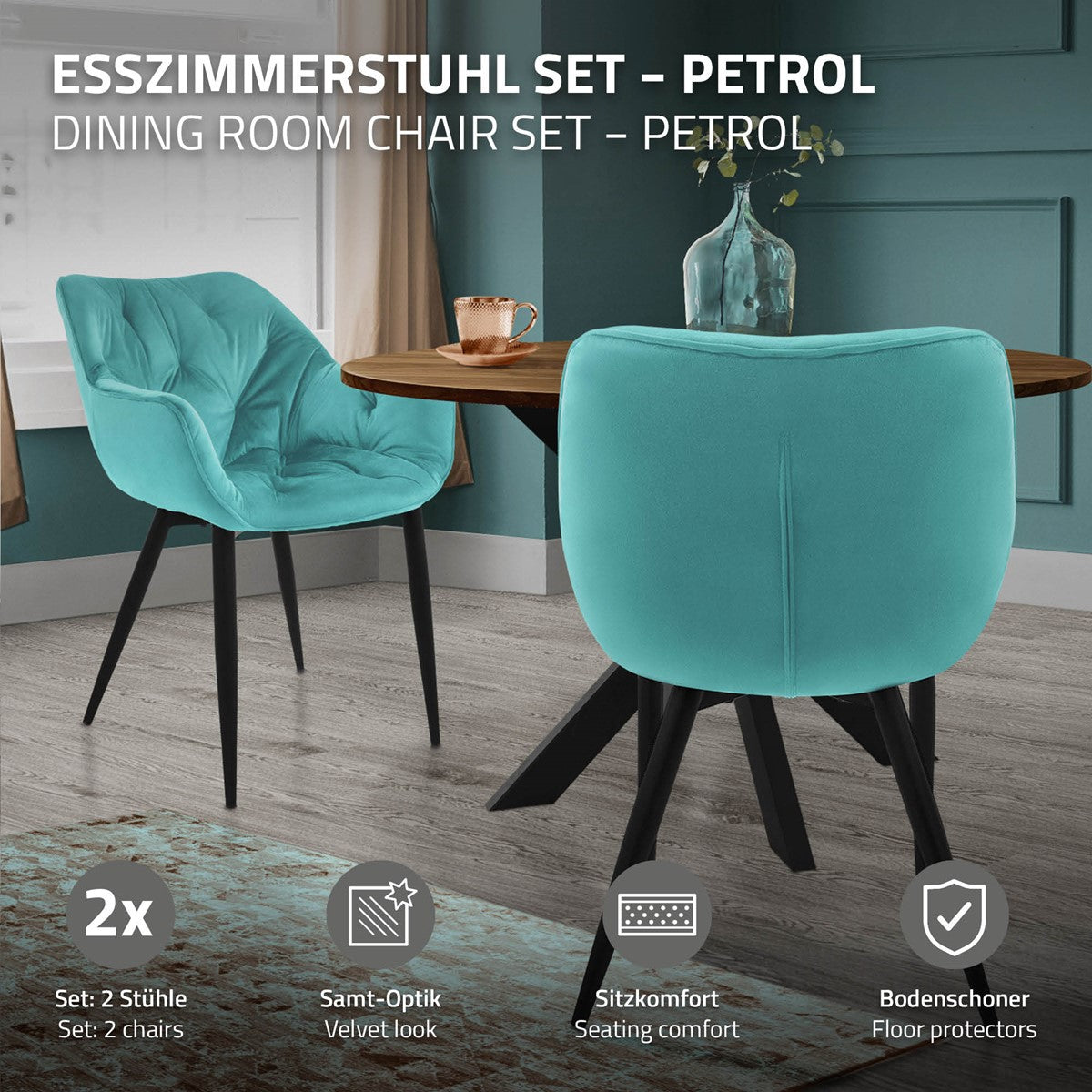 Petrolfarbener Esszimmerstuhl neben einem Tisch mit einer Tasse.