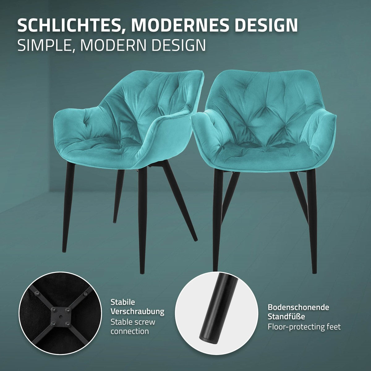 Zwei türkisfarbene Stühle mit modernem Design auf einem hellen Hintergrund.
