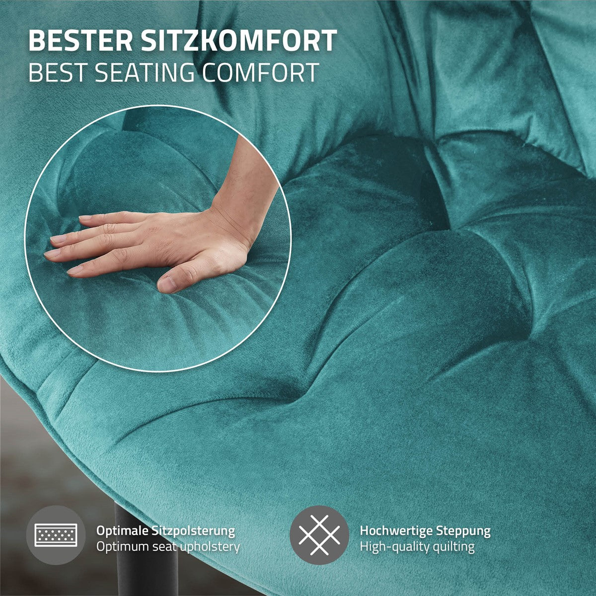 Nahaufnahme einer Hand auf einem gepolsterten Stuhl mit samtiger Oberfläche.