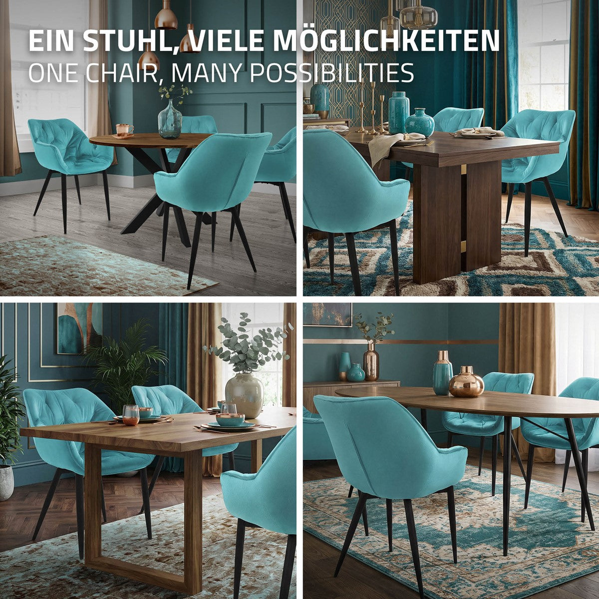 Verschiedene Ansichten eines türkisfarbenen Stuhls in einem eleganten Raum.