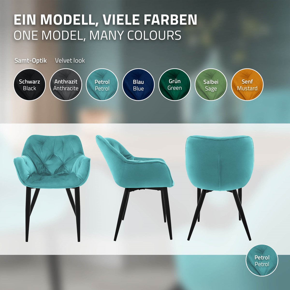 Stuhlmodell in verschiedenen Farben auf einem hellen Hintergrund.