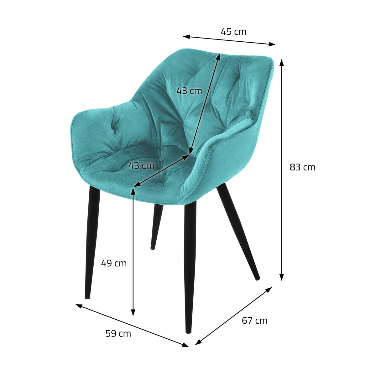 Maßzeichnung eines blauen Stuhls mit Abmessungen in Zentimetern.