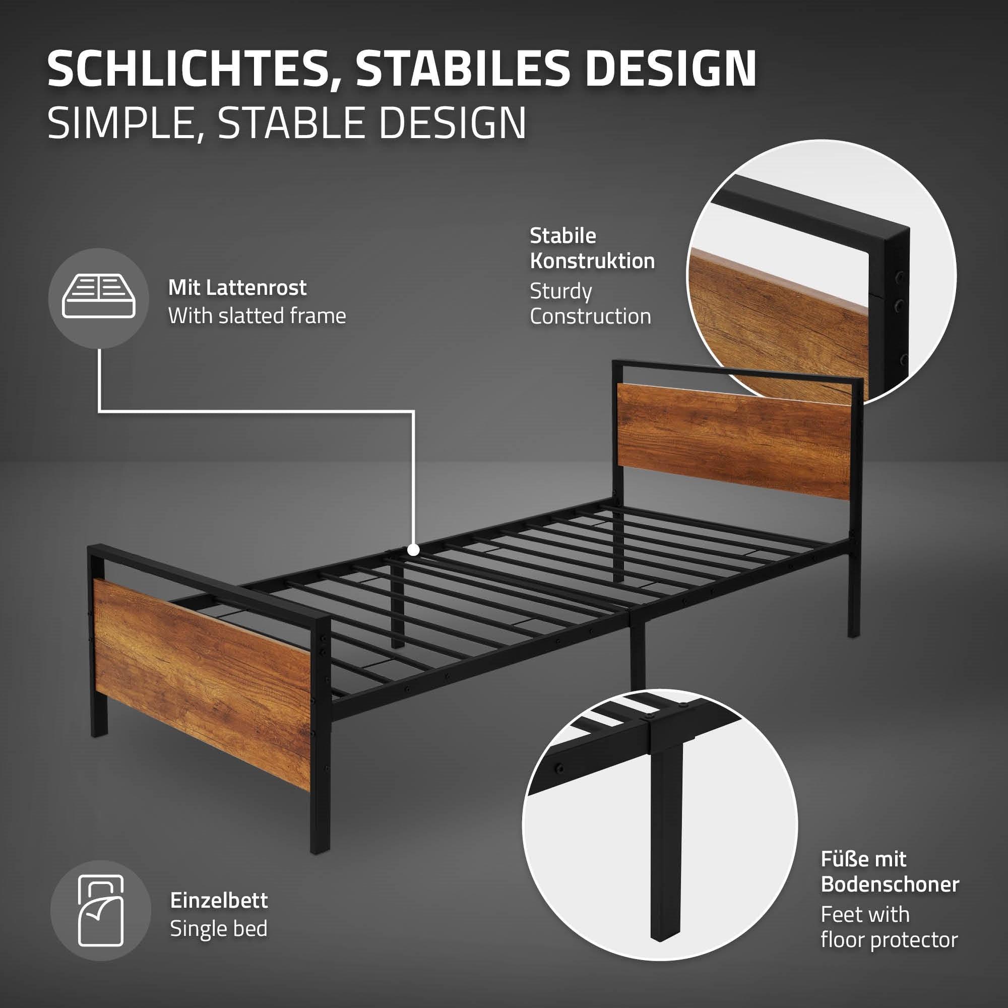 Einzelbett mit Lattenrost und stabiler Konstruktion.
