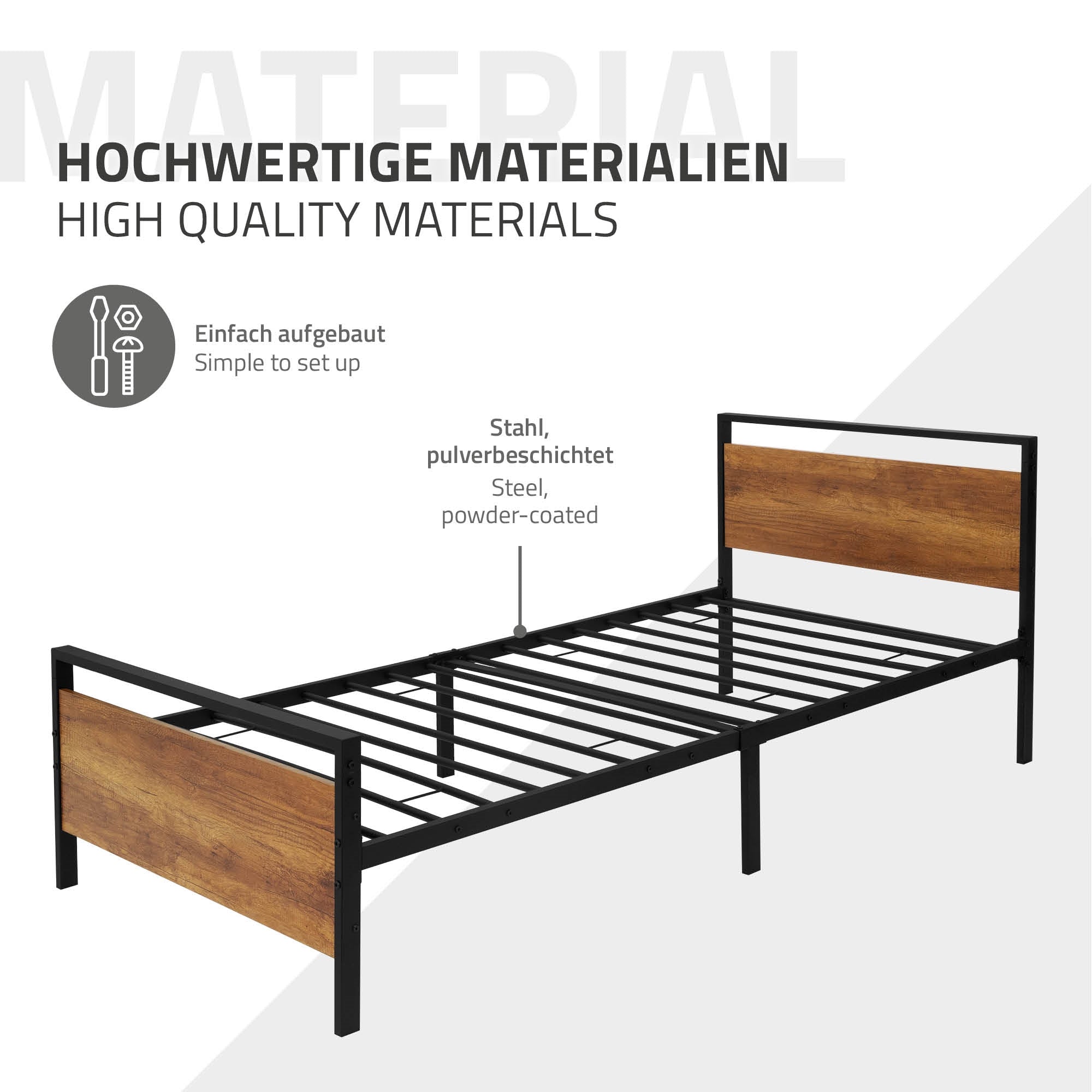 Bettgestell aus pulverbeschichtetem Stahl mit Holzpaneelen.