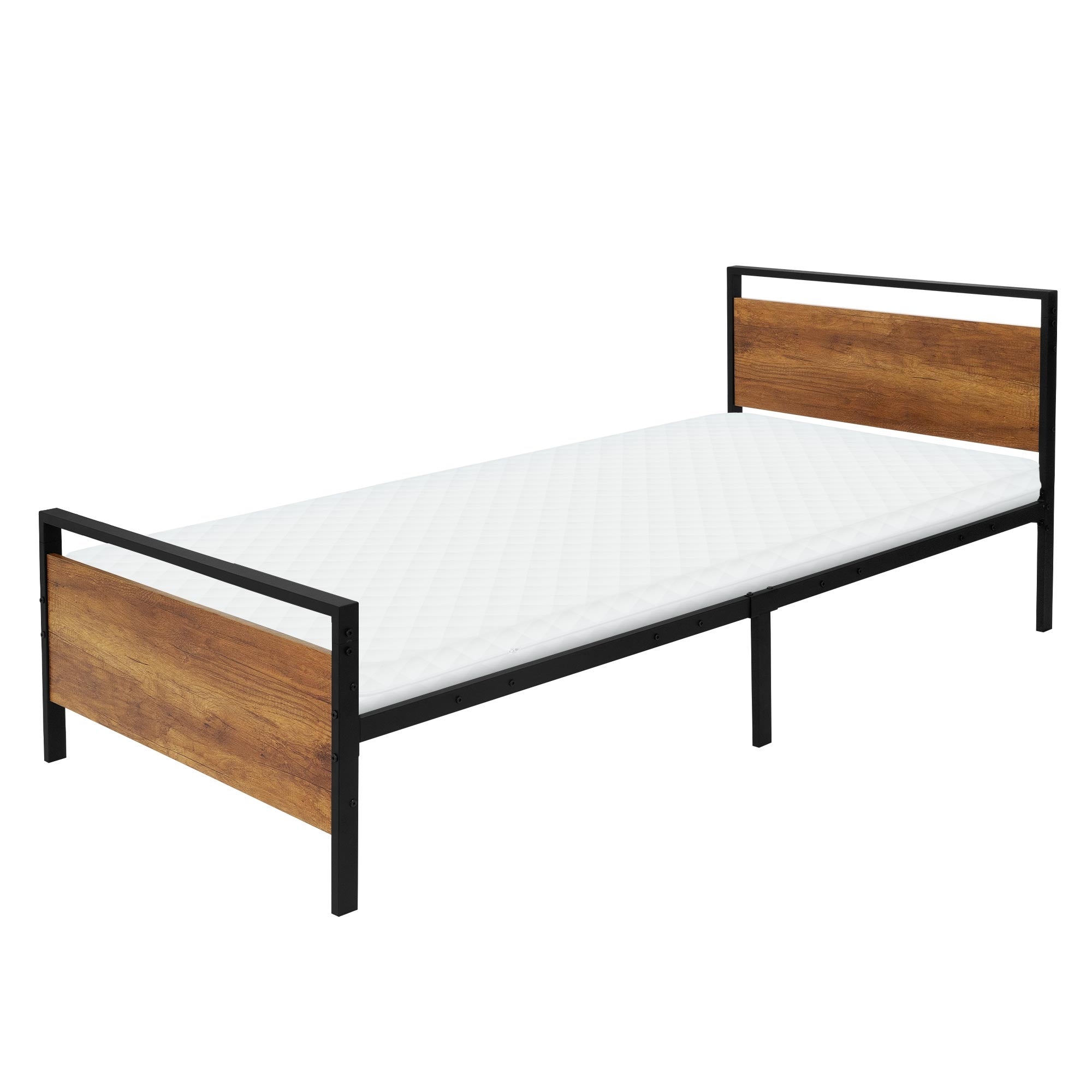 Ein einfaches Bett mit einem weißen Matratzenbezug und Holzoptik.