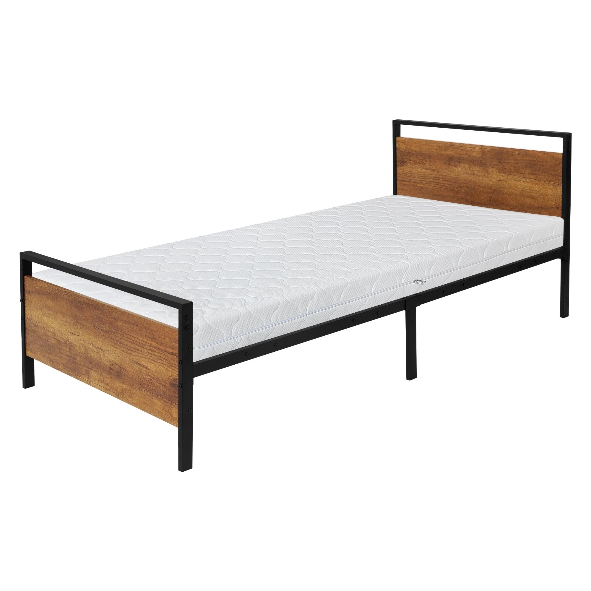 Einzelbett aus Metall mit Matratze, rustikales Holz, 90x200 cm.