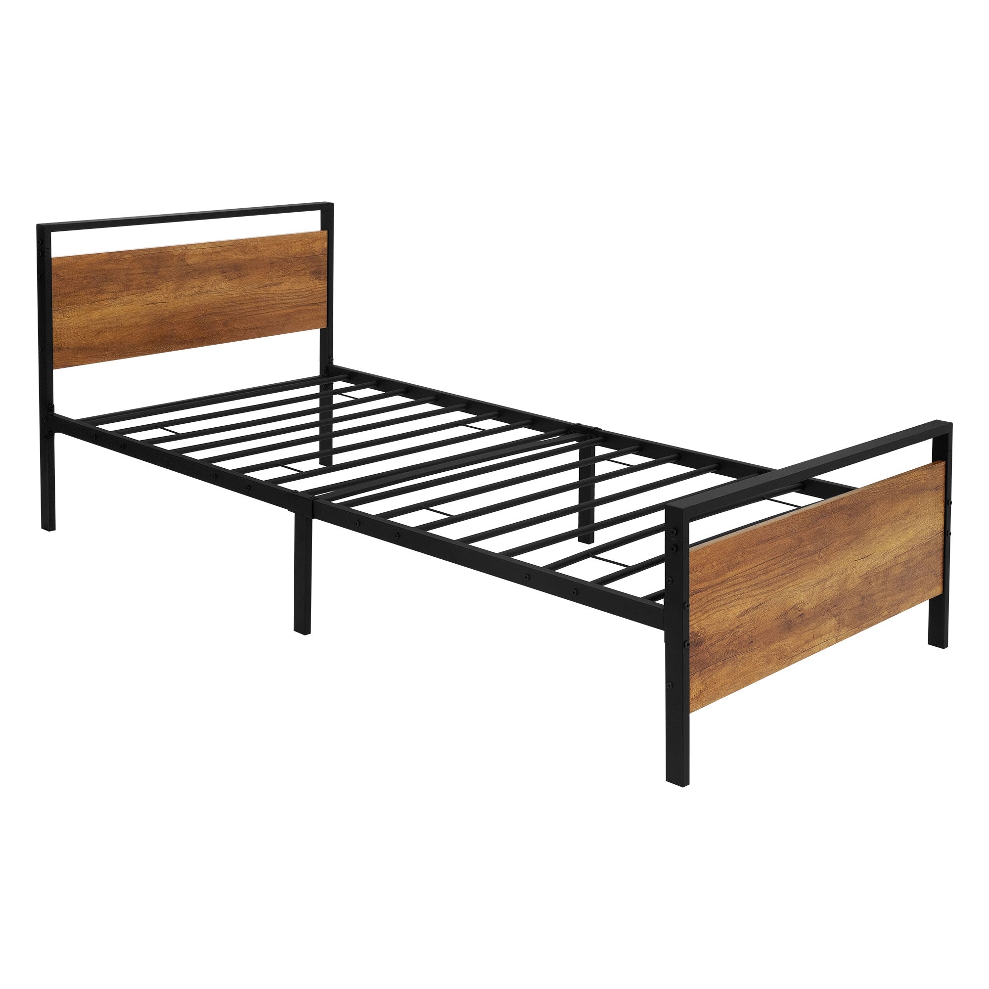 Bettgestell in Schwarz mit Holzpaneelen, seitliche Ansicht.