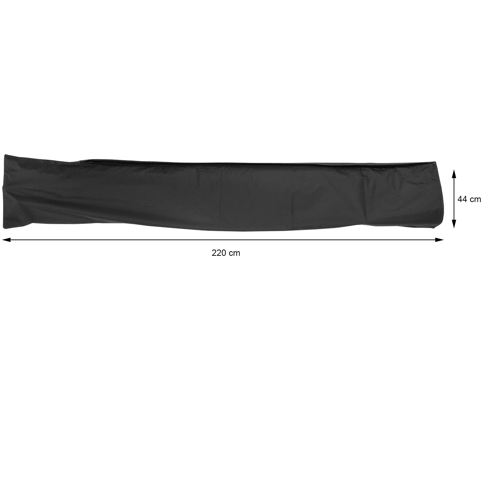 Schwarze Abdeckung, 220 cm lang und 44 cm hoch, flach liegend.
