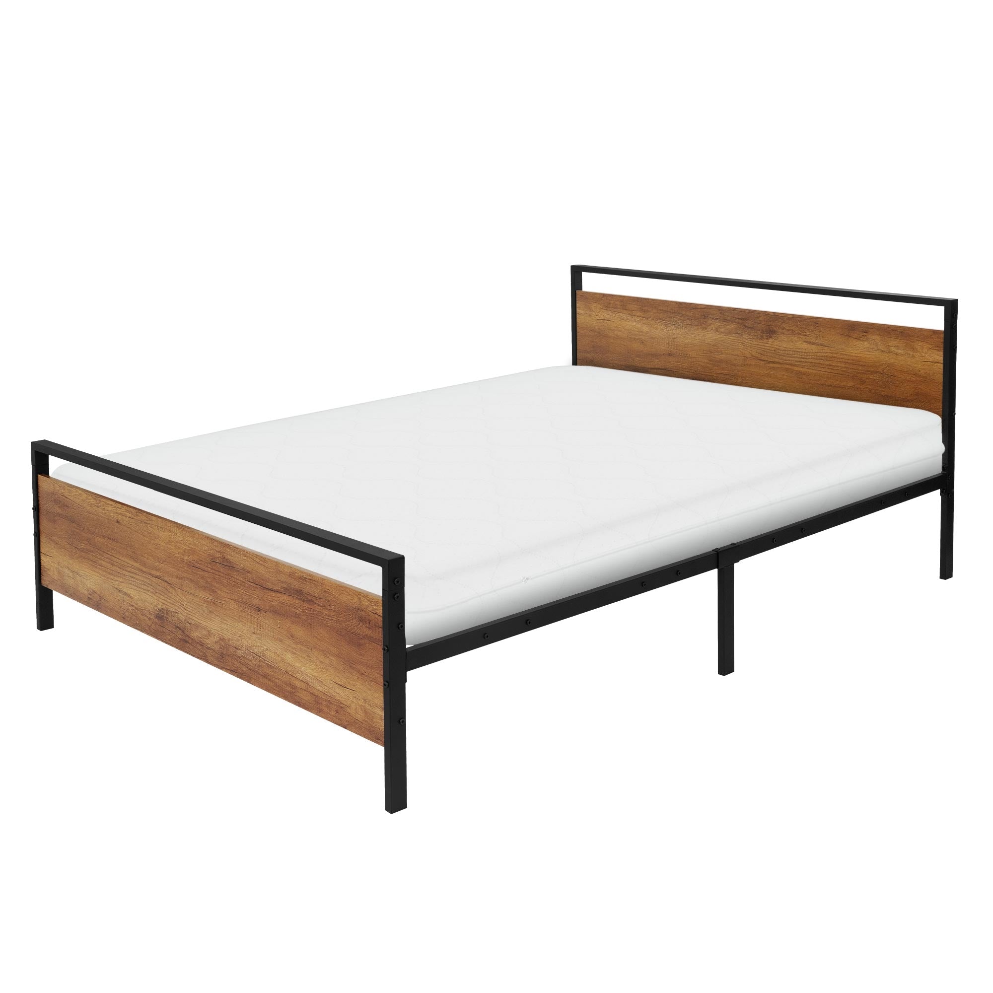 Metallbett mit Holzrückwand, Matratze nicht enthalten, in der Seitenansicht.