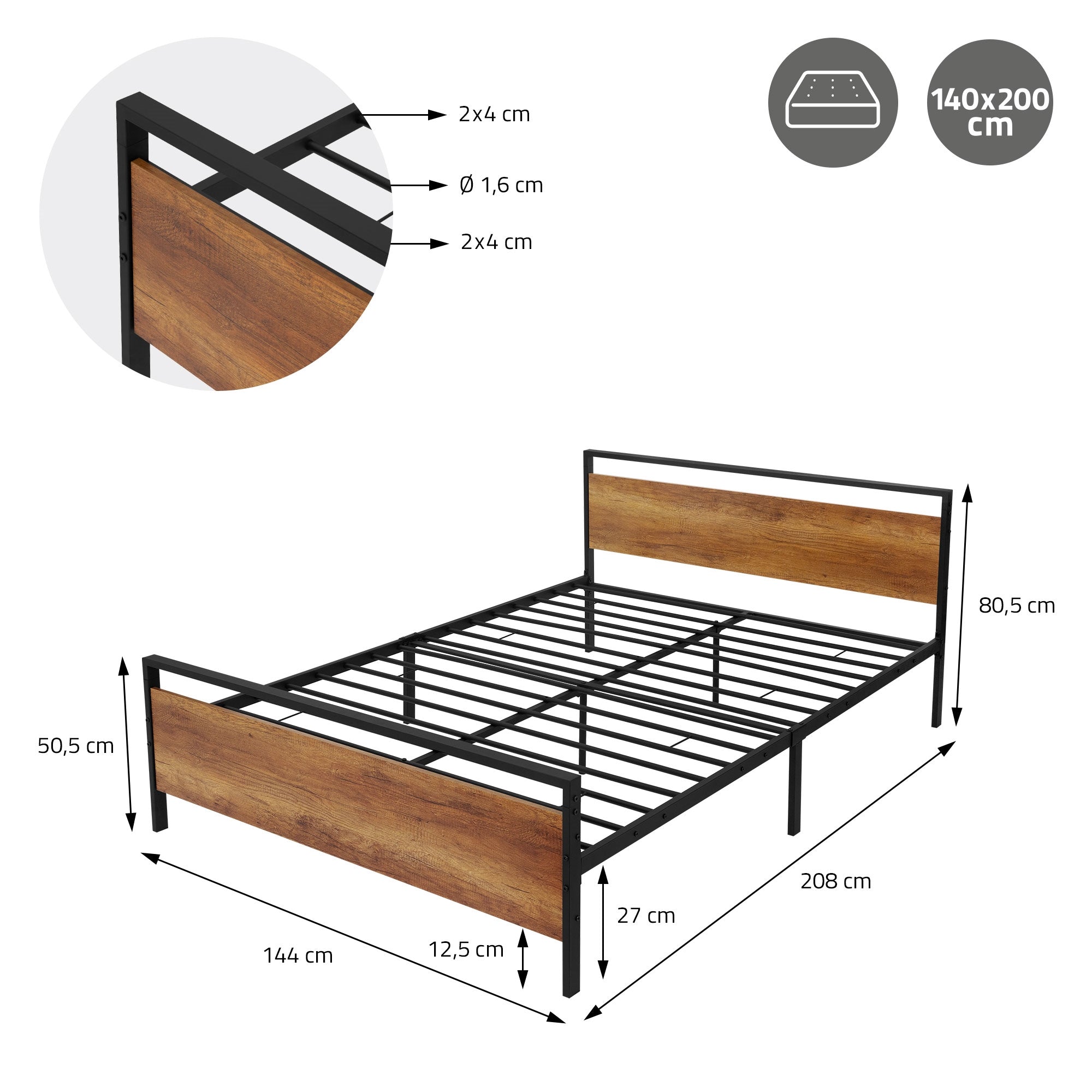 Teknisk tegning af en seng med dimensioner og materialebeskrivelser.