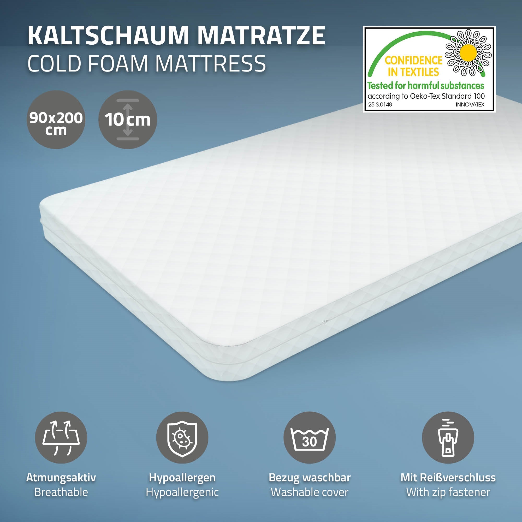 Kaltschaummatratze in der Größe 90x200 cm, 10 cm hoch, mit waschbarem Bezug.