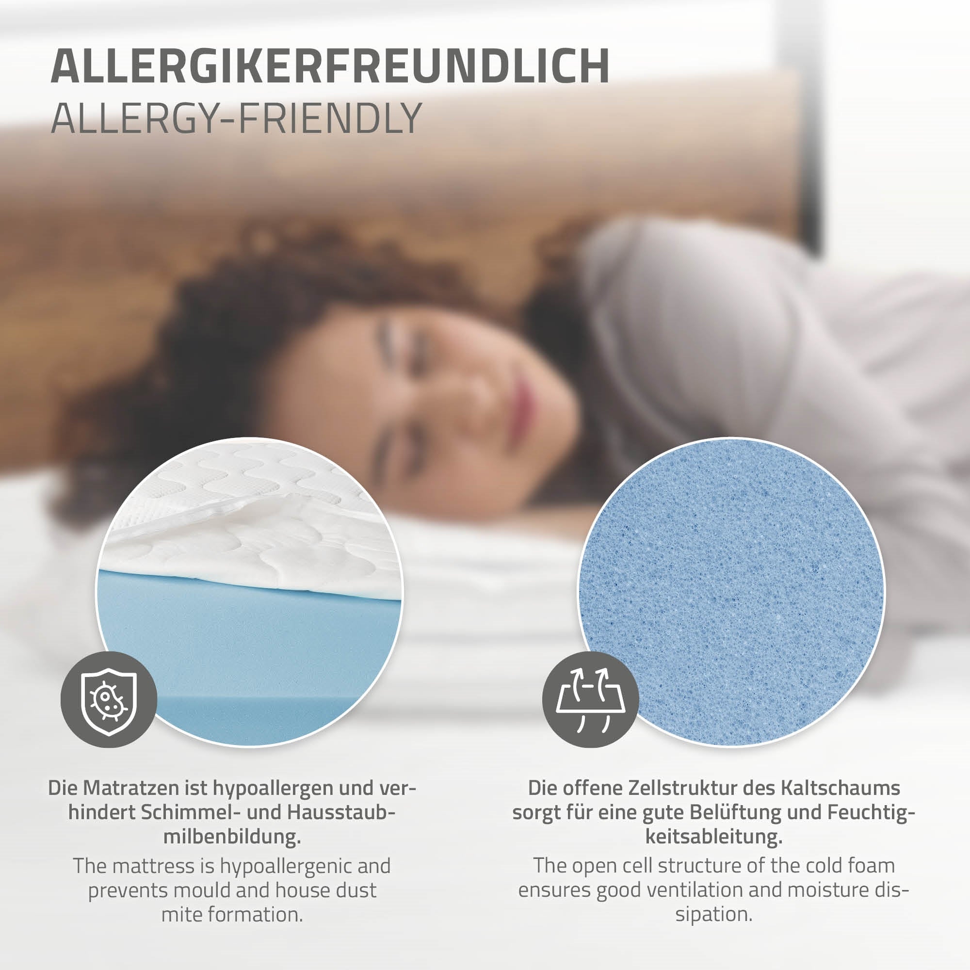 Frau liegt auf einer Matratze, umgeben von Texten über Allergikerfreundlichkeit.