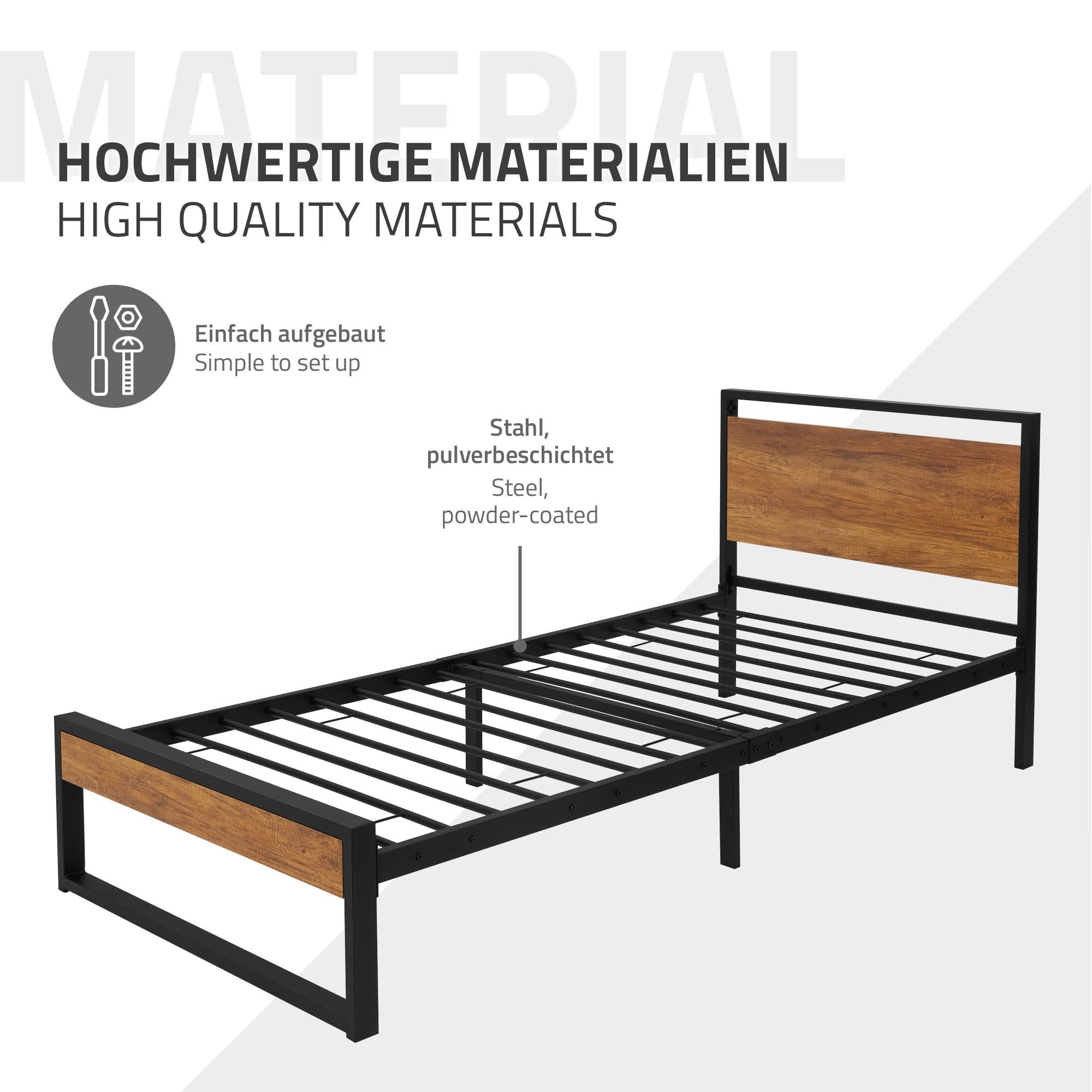 Ein Metallbett mit Holzpaneelen, das einfach aufzubauen ist.