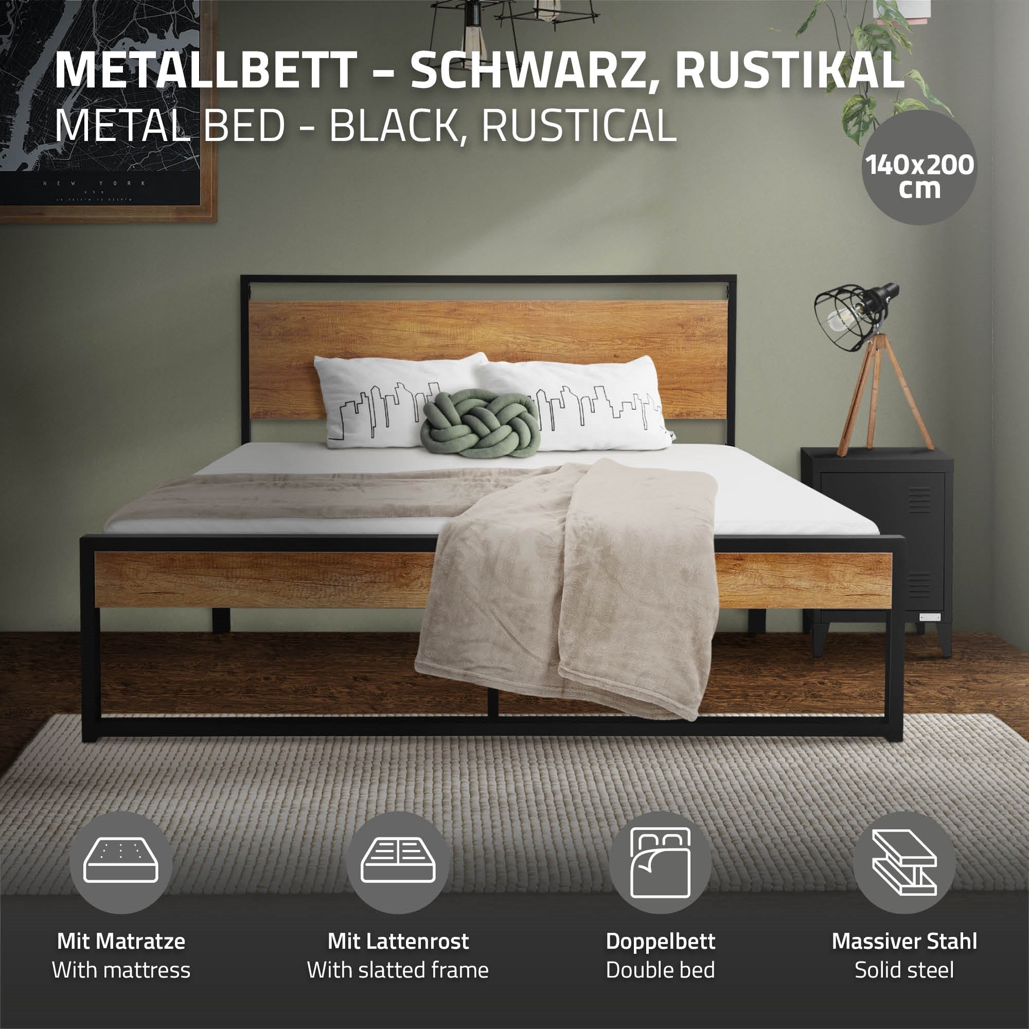 Schwarzes Metallbett mit rustikalem Holzrahmen, 140x200 cm, mit Matratze.
