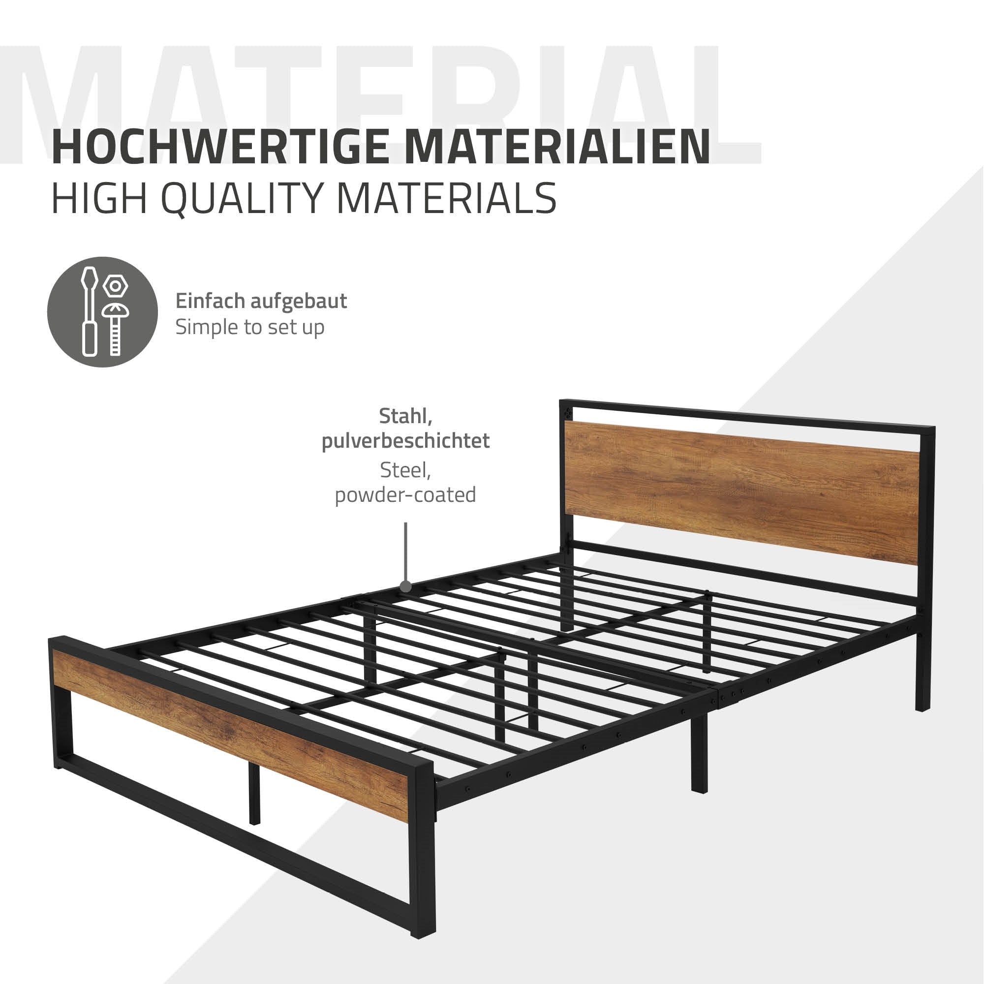 Bettgestell aus Stahl mit Holzoptik, pulverbeschichtet, einfach aufzubauen.