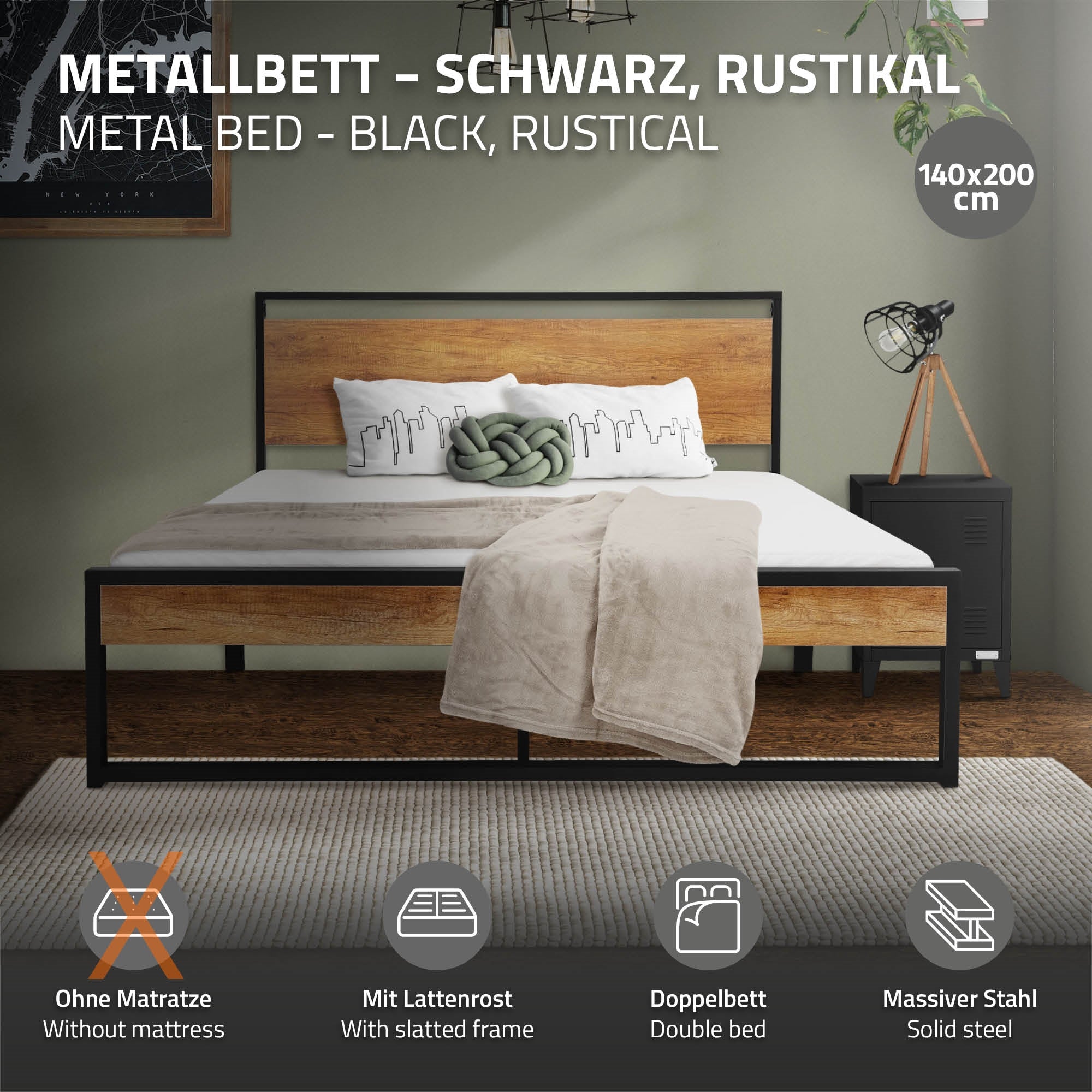 Ein schwarzes Metallbett mit rustikalem Holzkopfteil und ohne Matratze.