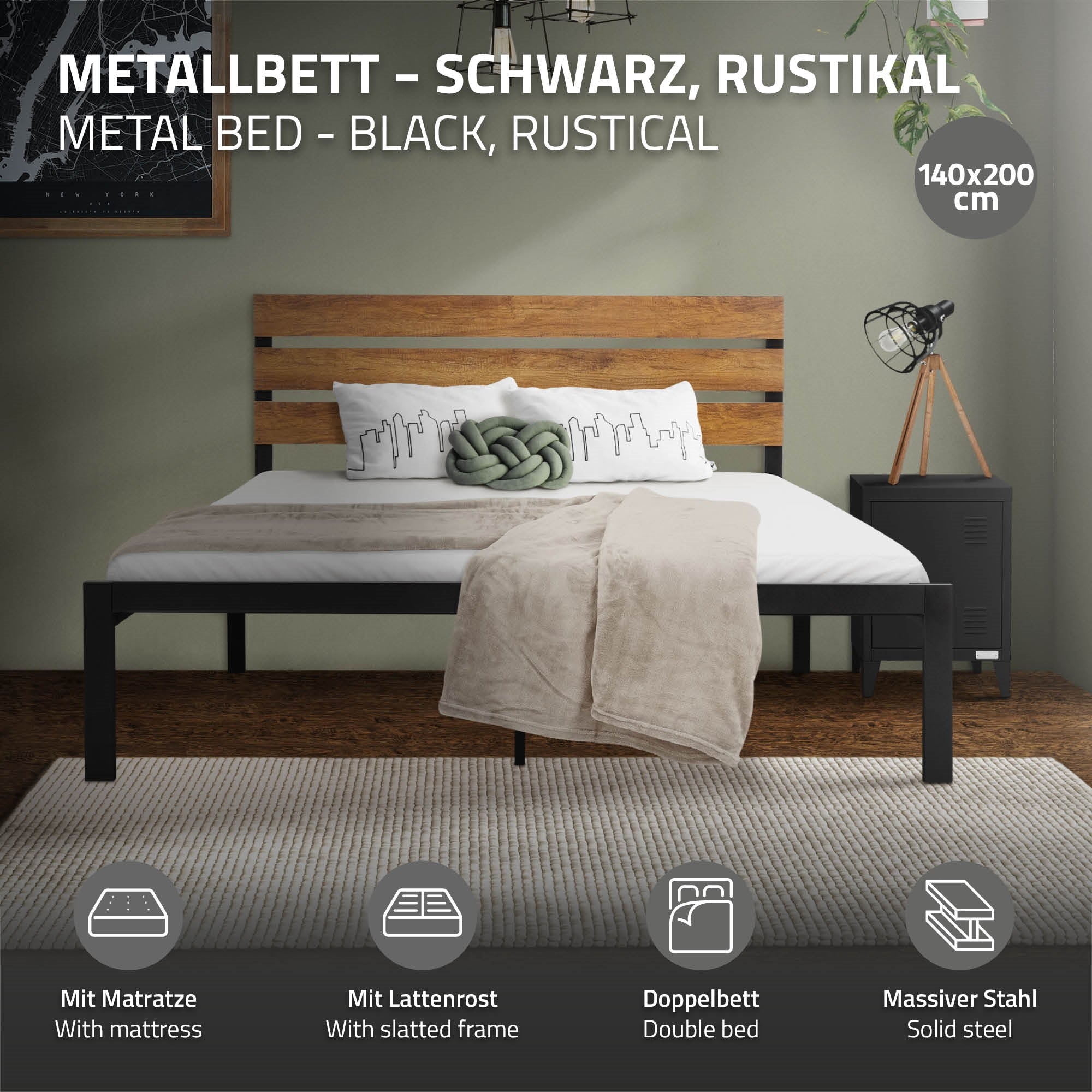 Metallbett in schwarz mit Holzlattenkopfteil und Matratze auf einem Teppich.