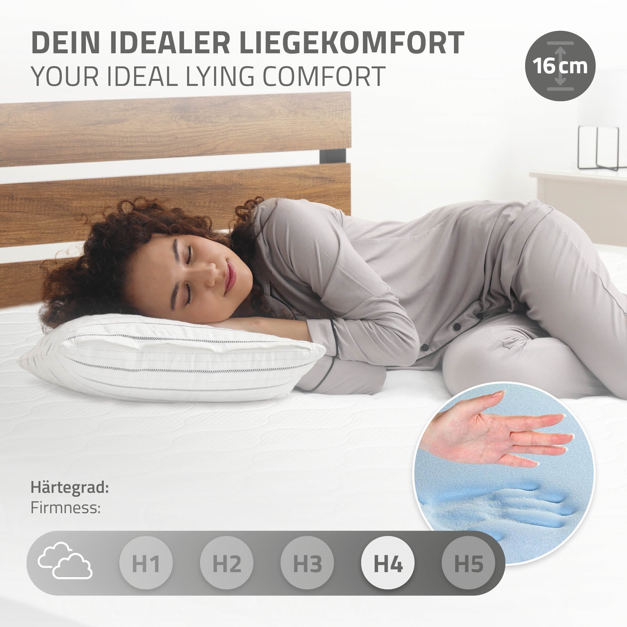 Eine schlafende Person auf einer Matratze mit verschiedenen Härtegraden.