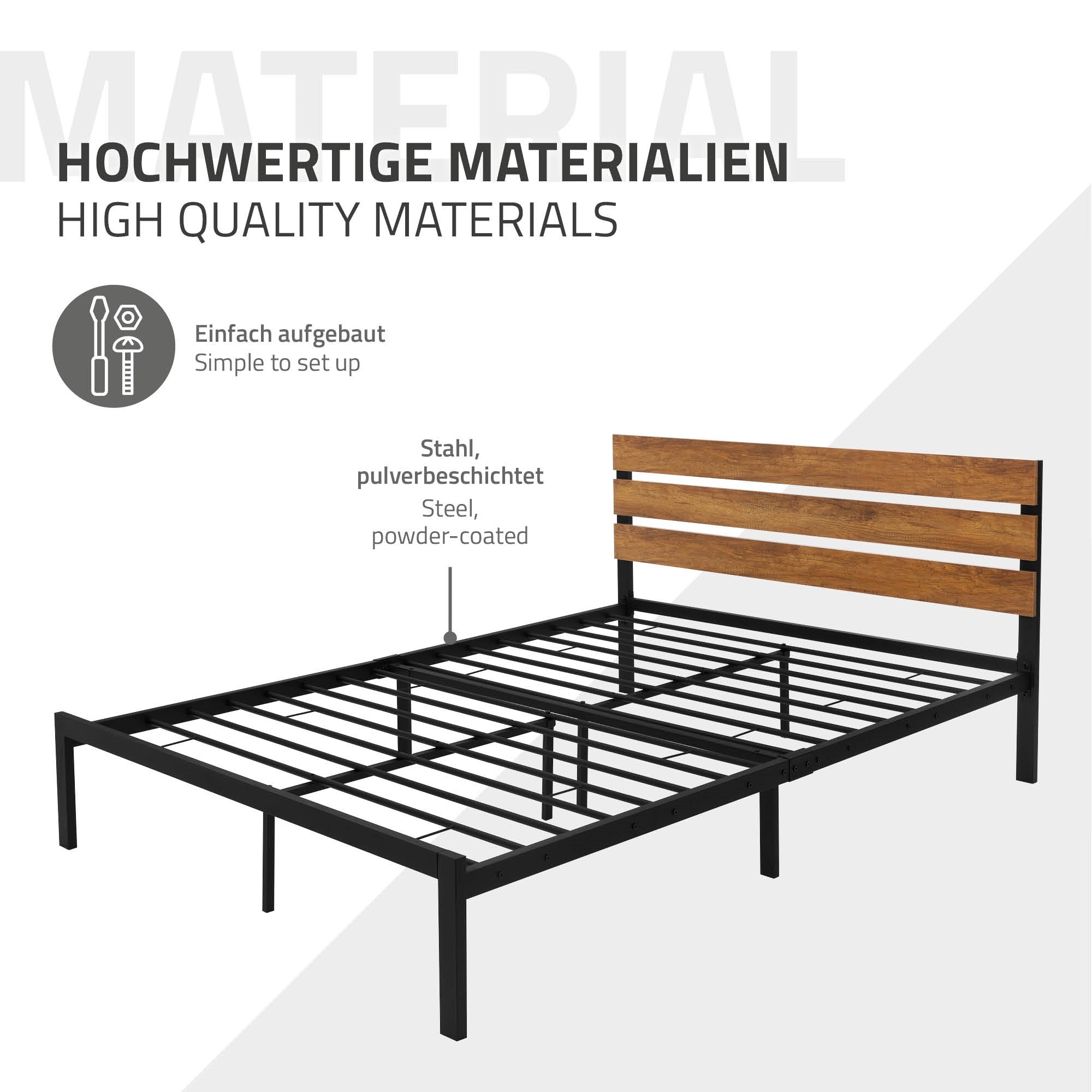 Grafik zeigt ein Bettgestell aus Stahl mit Holzkopfteil und Aufbauanleitung.