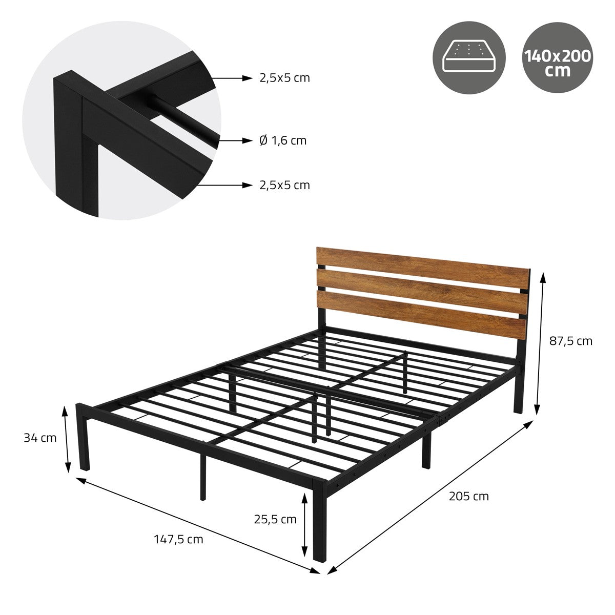 Detaljevisning af en sengeramme med mål og robust konstruktion.