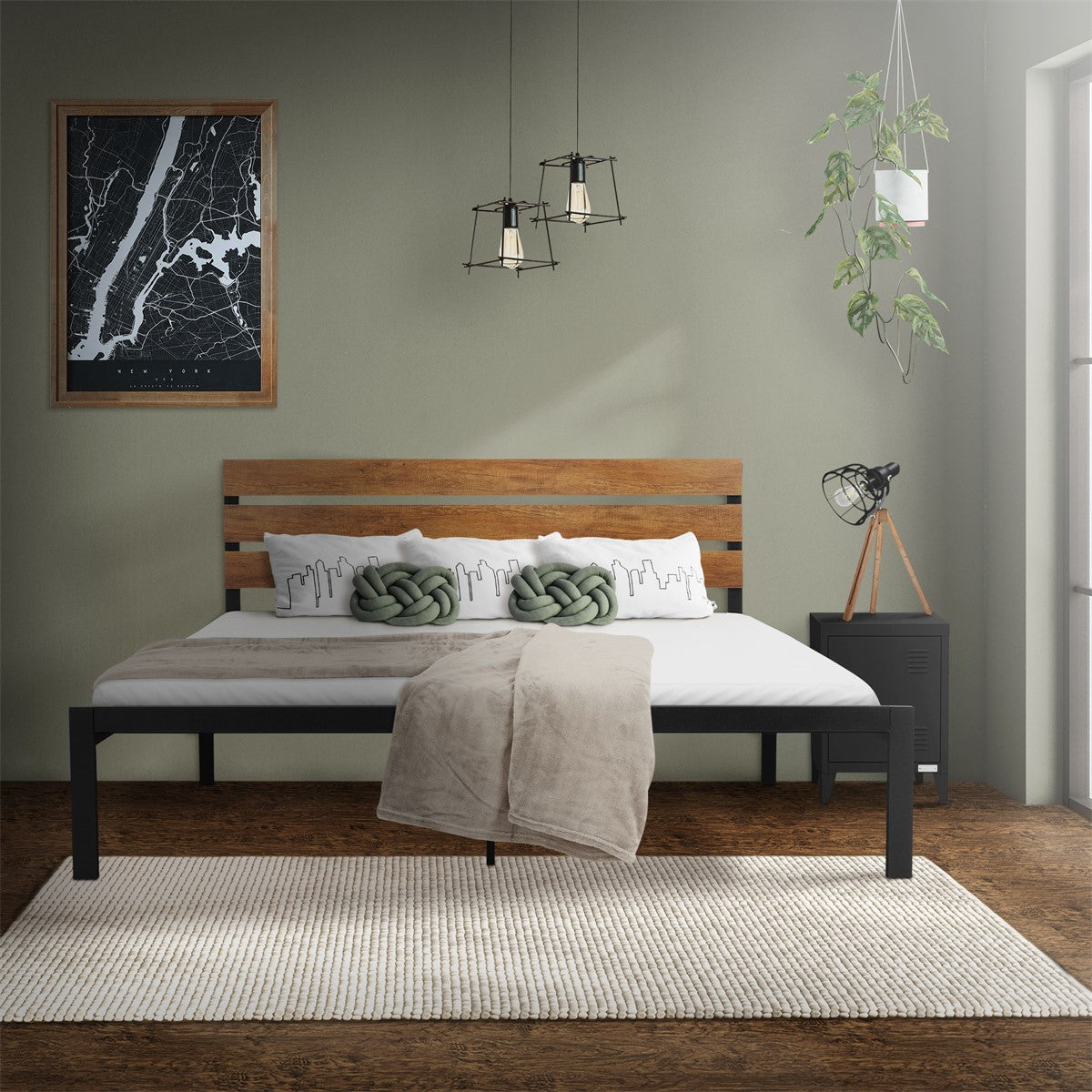 Bed with a wooden frame, pillows and a blanket in a modern room.