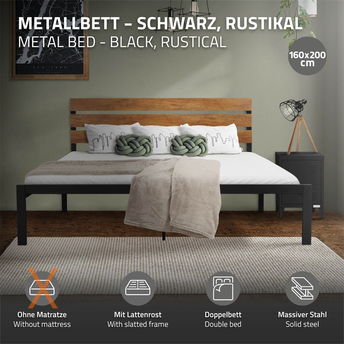 Black metal bed with a rustic headboard, without a mattress, on a grey background.