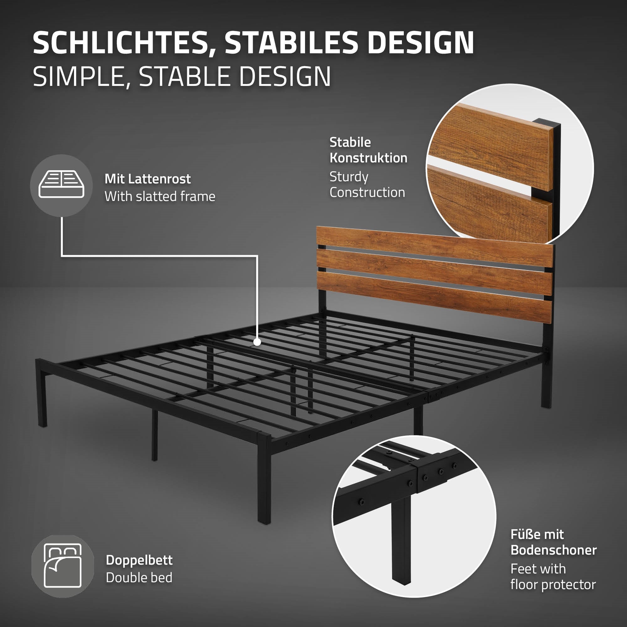 Bettgestell mit Holzlattenkopfteil und stabiler Metallkonstruktion.