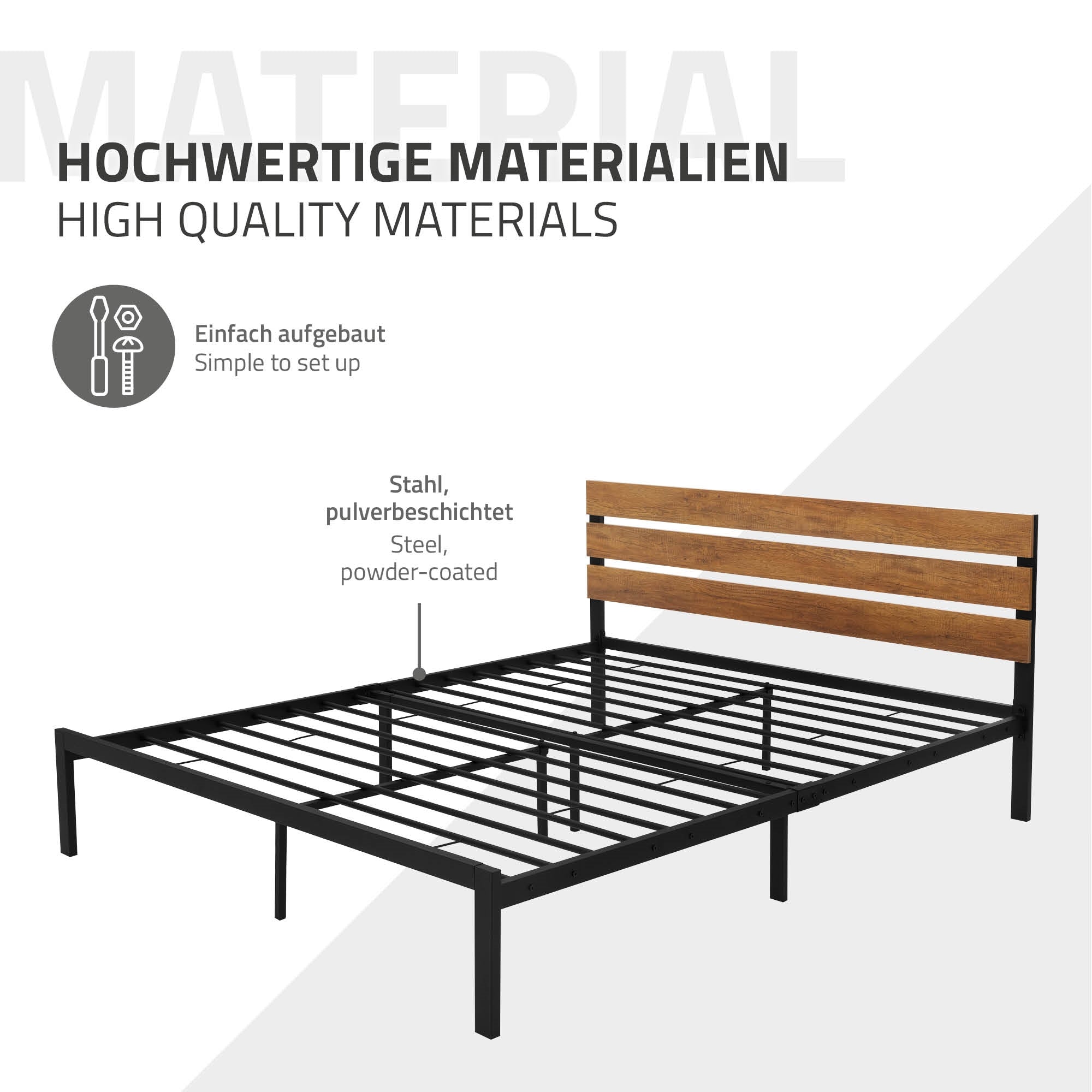 Bettgestell aus Stahl mit Holzlatten, auf einem weißen Hintergrund.