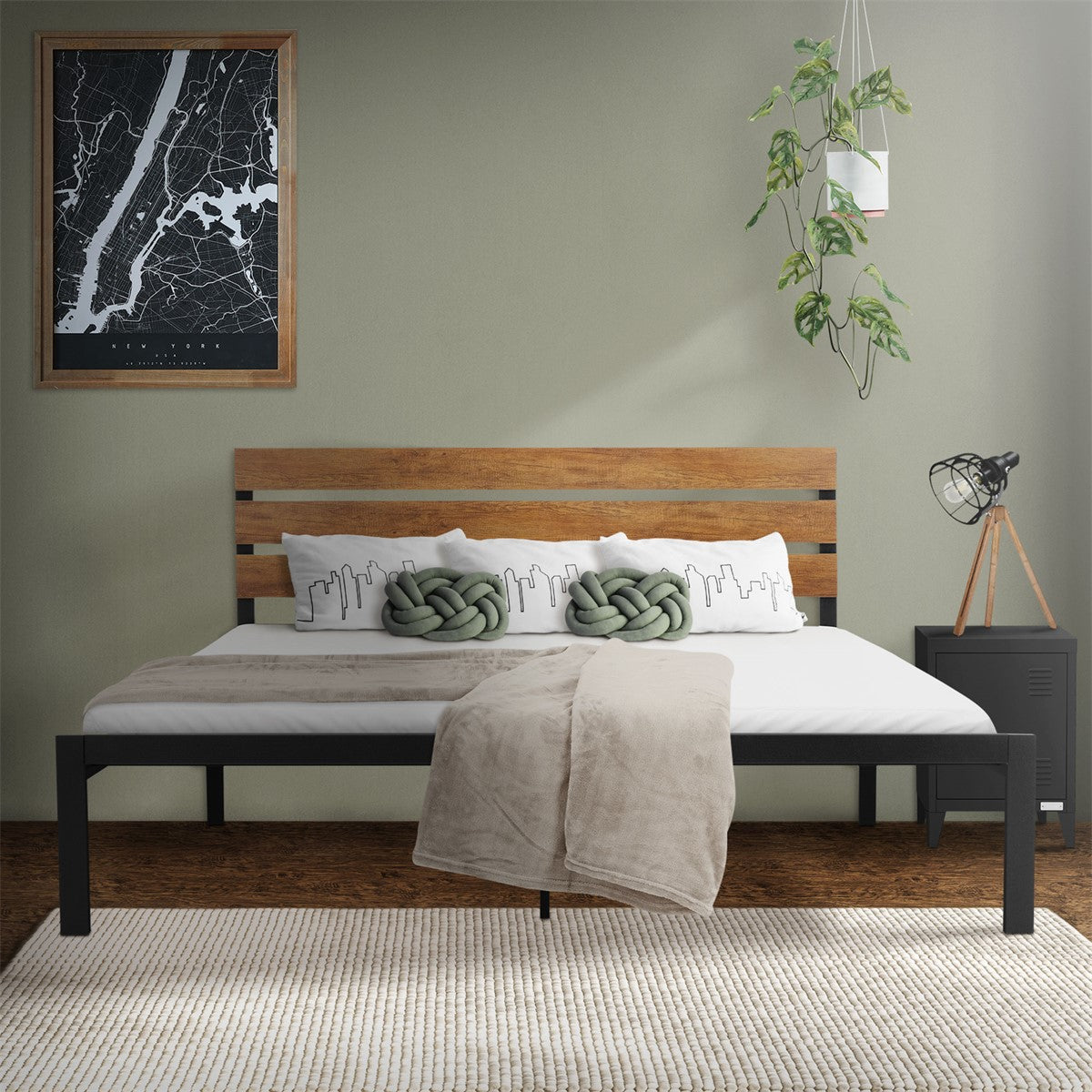 Bed with a wooden frame, pillow and blanket in a stylish room.