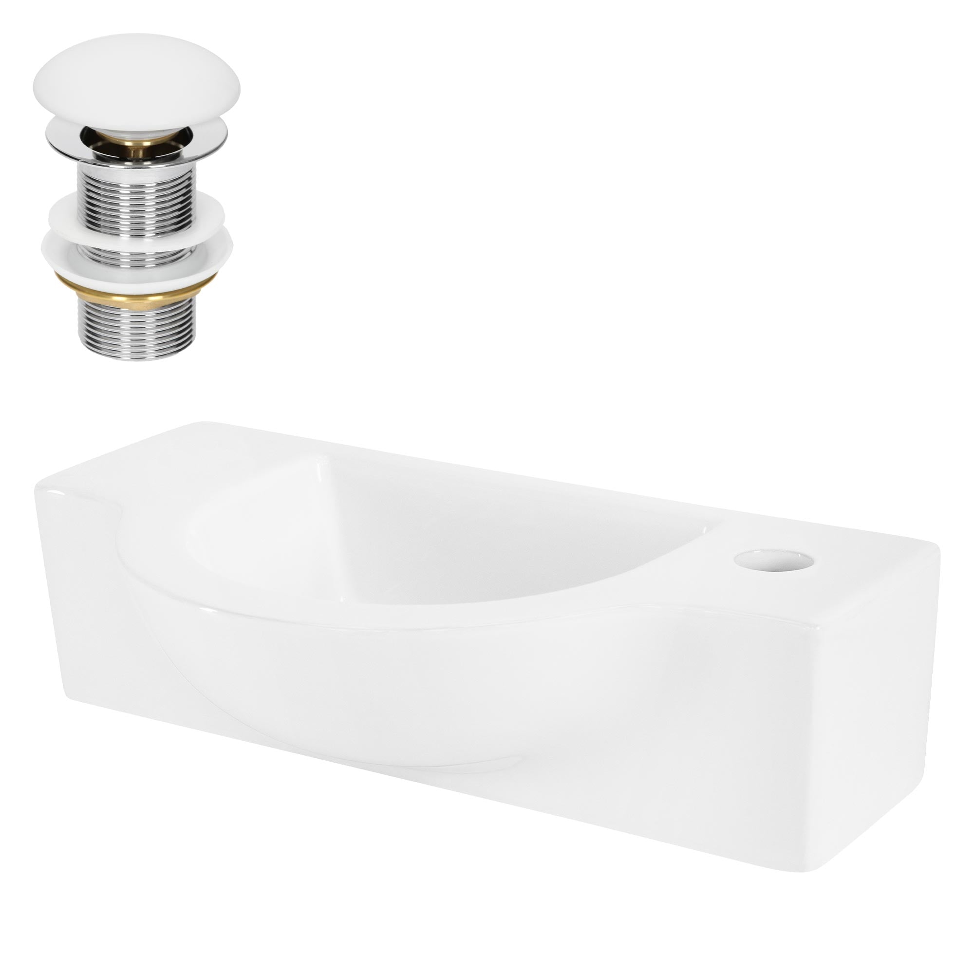 Weißes Waschbecken mit Abfluss und Überlauf, rechteckig, auf einem weißen Hintergrund.