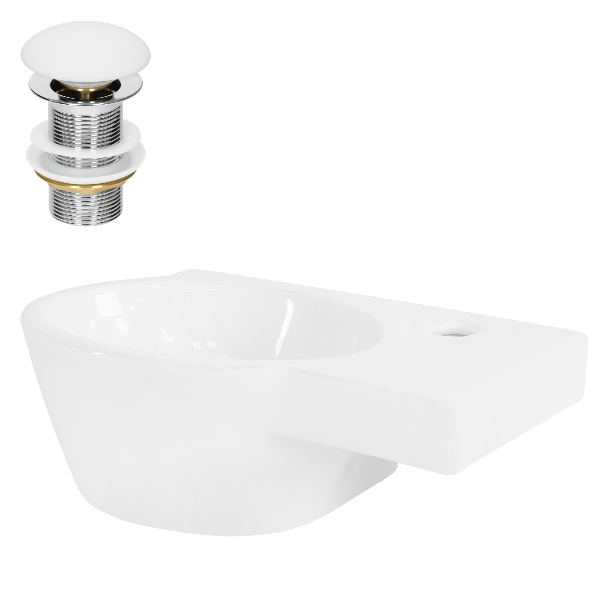 Ein weißes Waschbecken mit einem Abflussventil in Chrom.