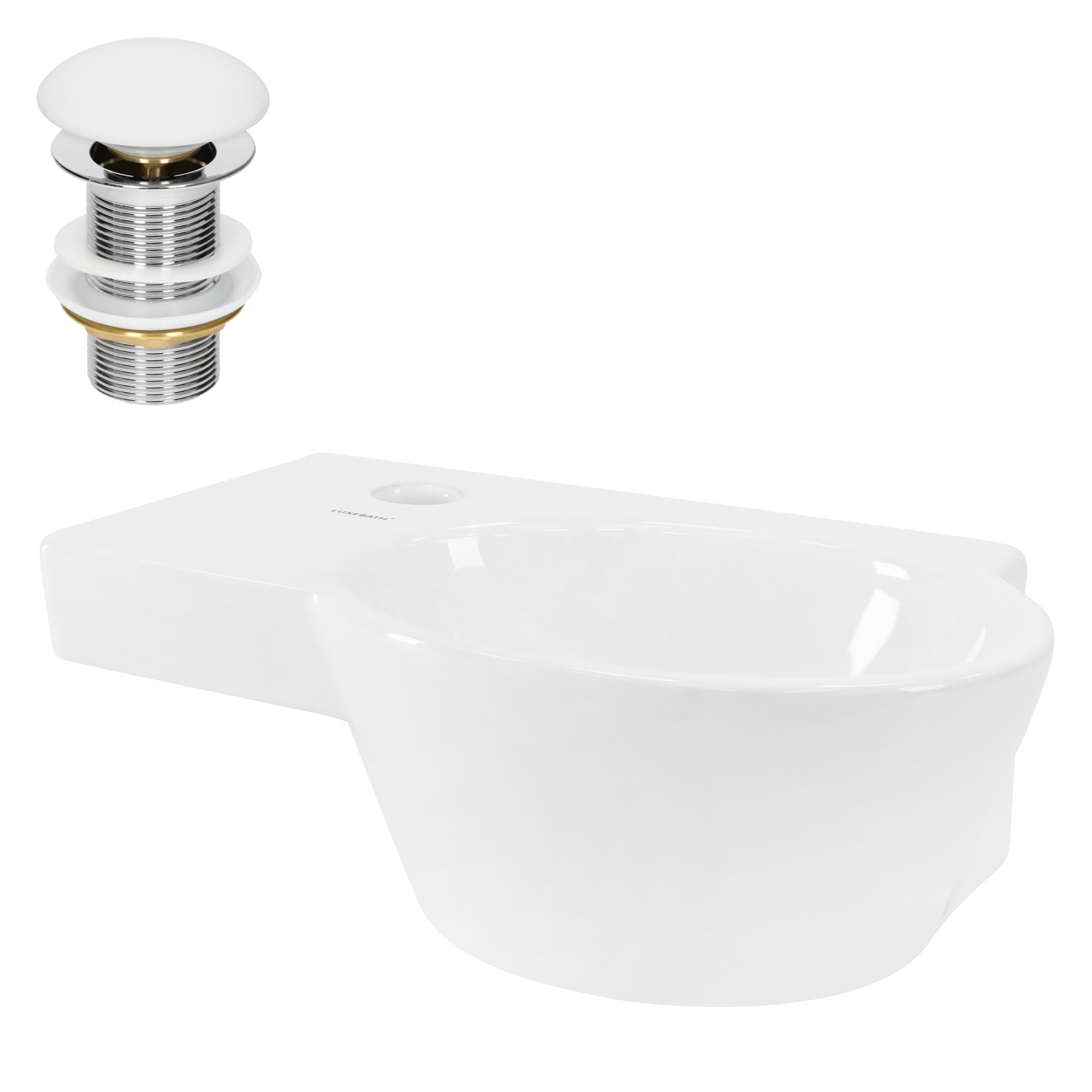 Weiße Toilette mit ovalem Waschbecken und Abfluss oben.