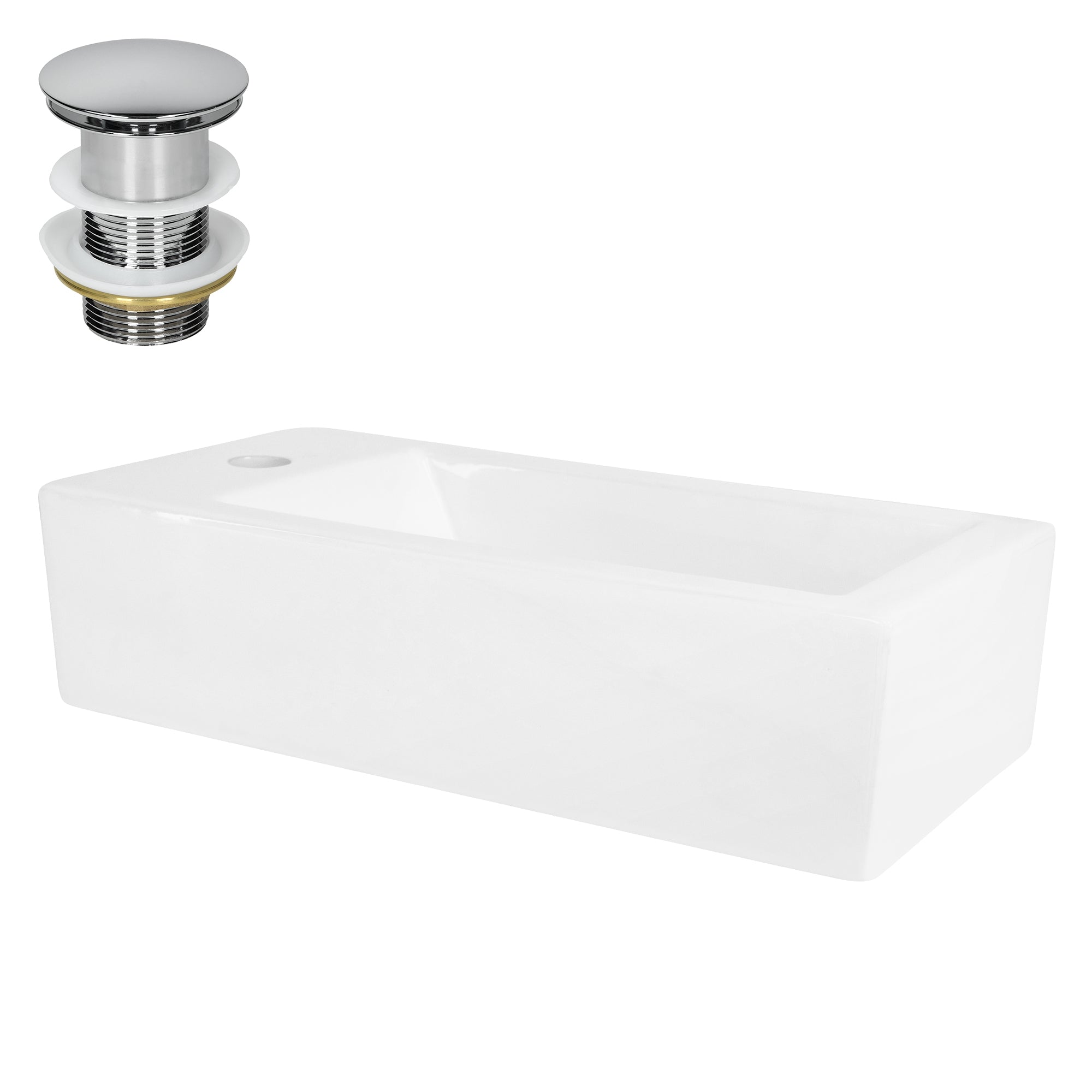 Weißes Waschbecken mit Abfluss und Überlauf in einer anderen Perspektive.