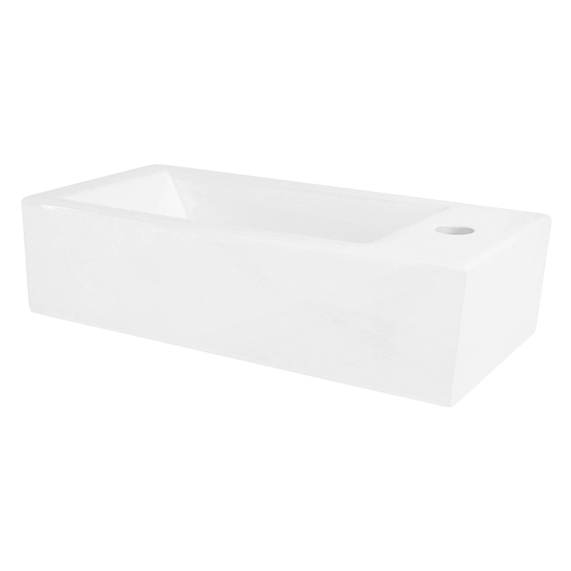 Weißes Waschbecken auf weißem Hintergrund, rechteckige Form.