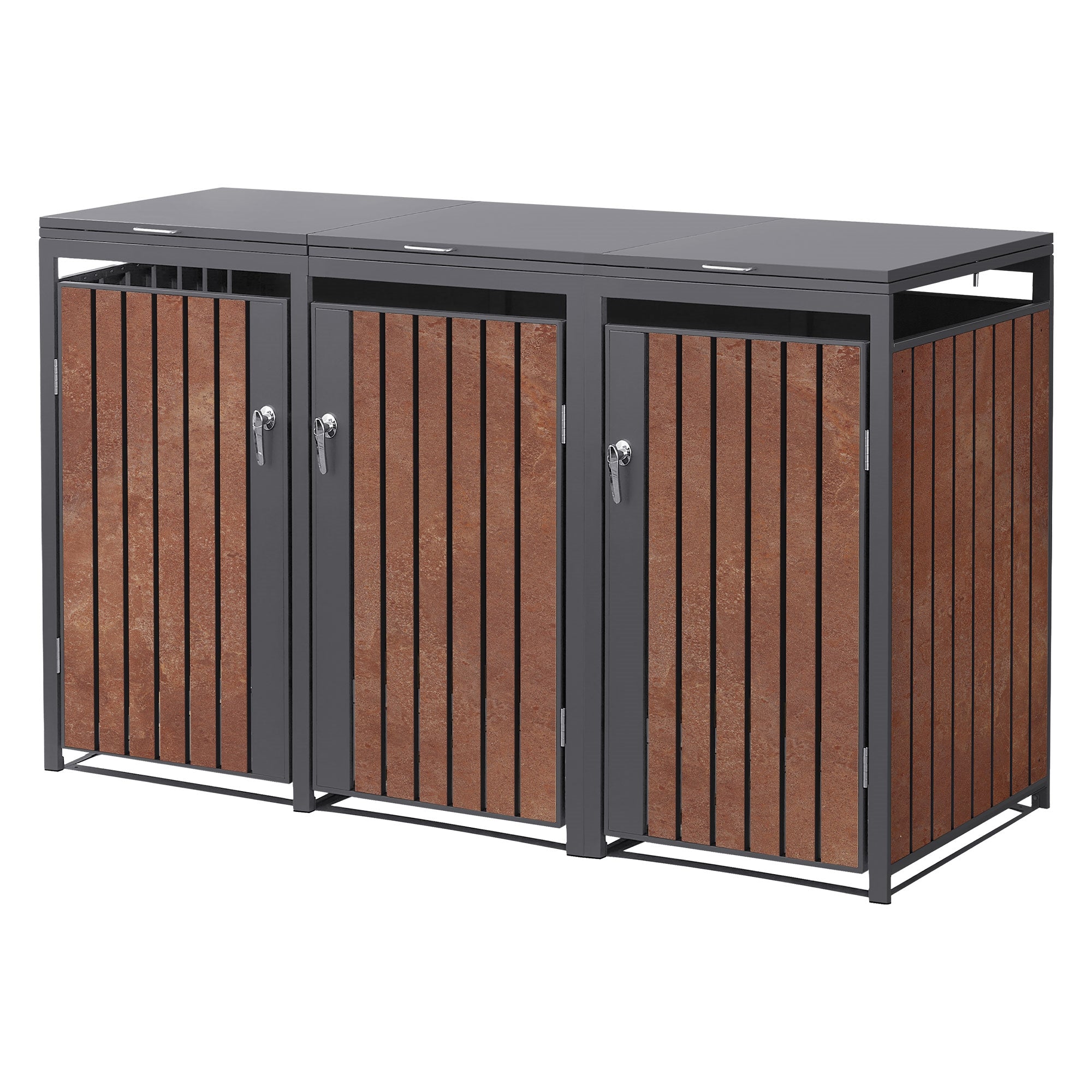 Mülltonnenbox mit drei Türen, aus Stahl mit Holzverkleidung.