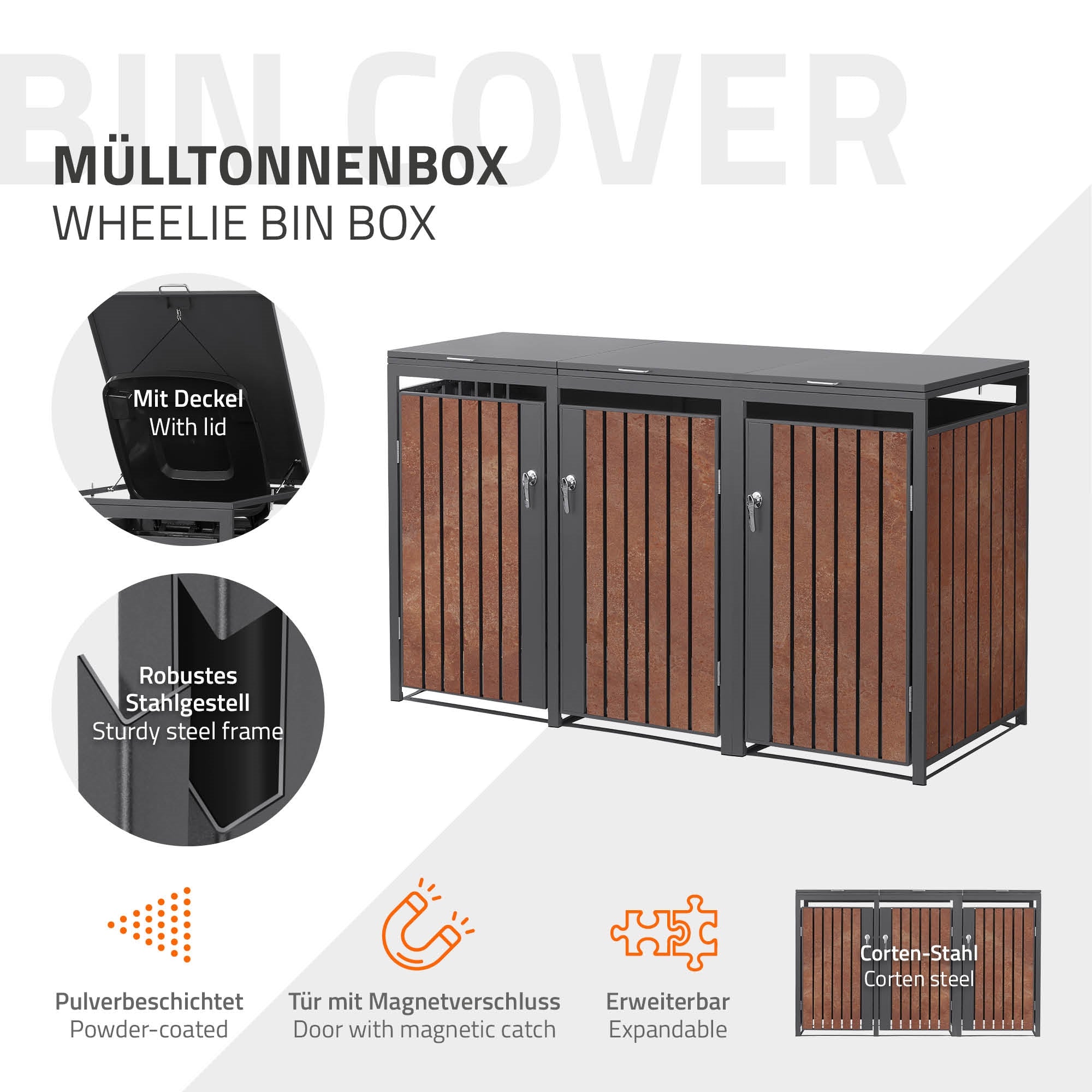 Mülltonnenbox mit drei Fächern und Deckel, aus Stahl mit Holzoptik.