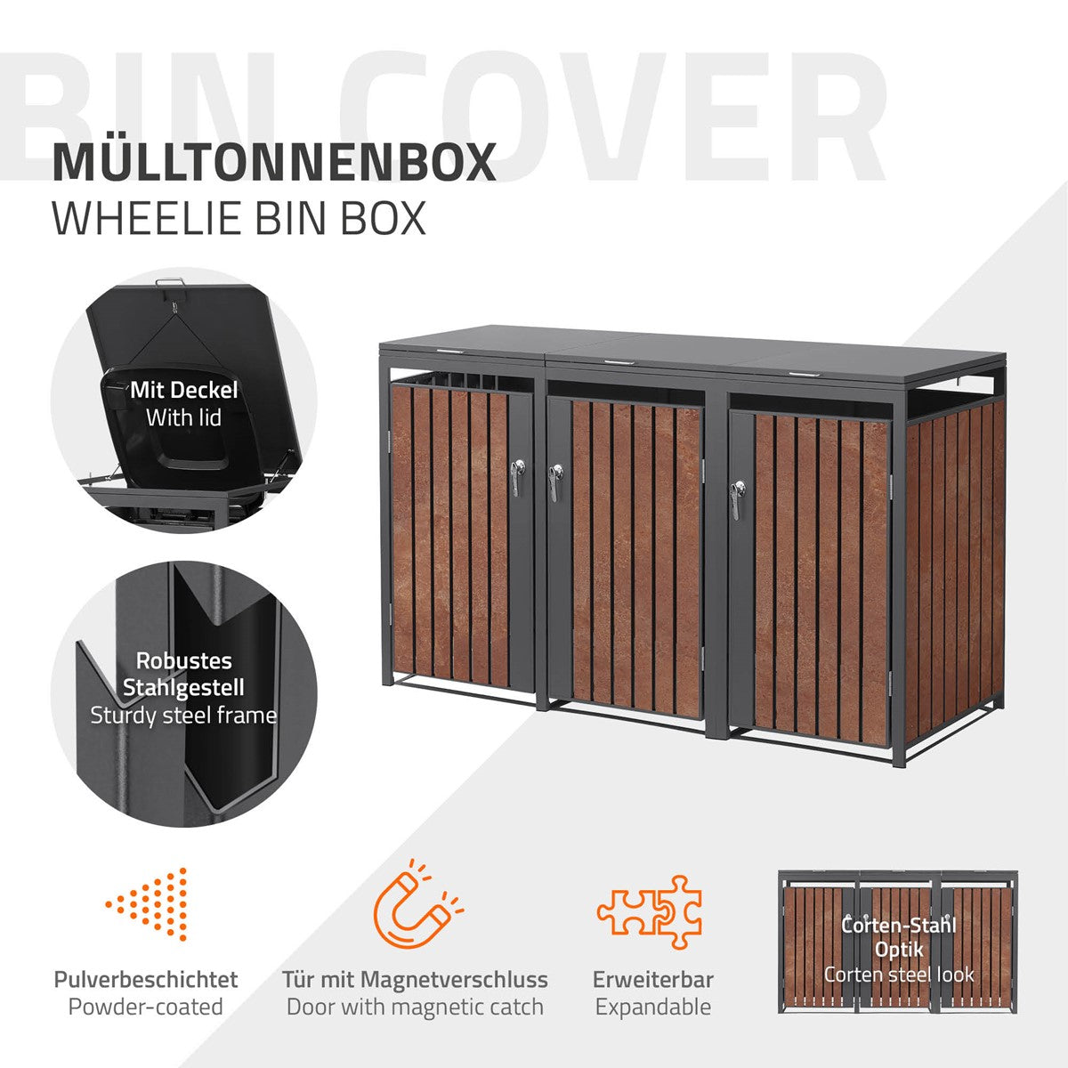 Mülltonnenbox mit Deckel, robuster Stahlrahmen, Holzoptik.