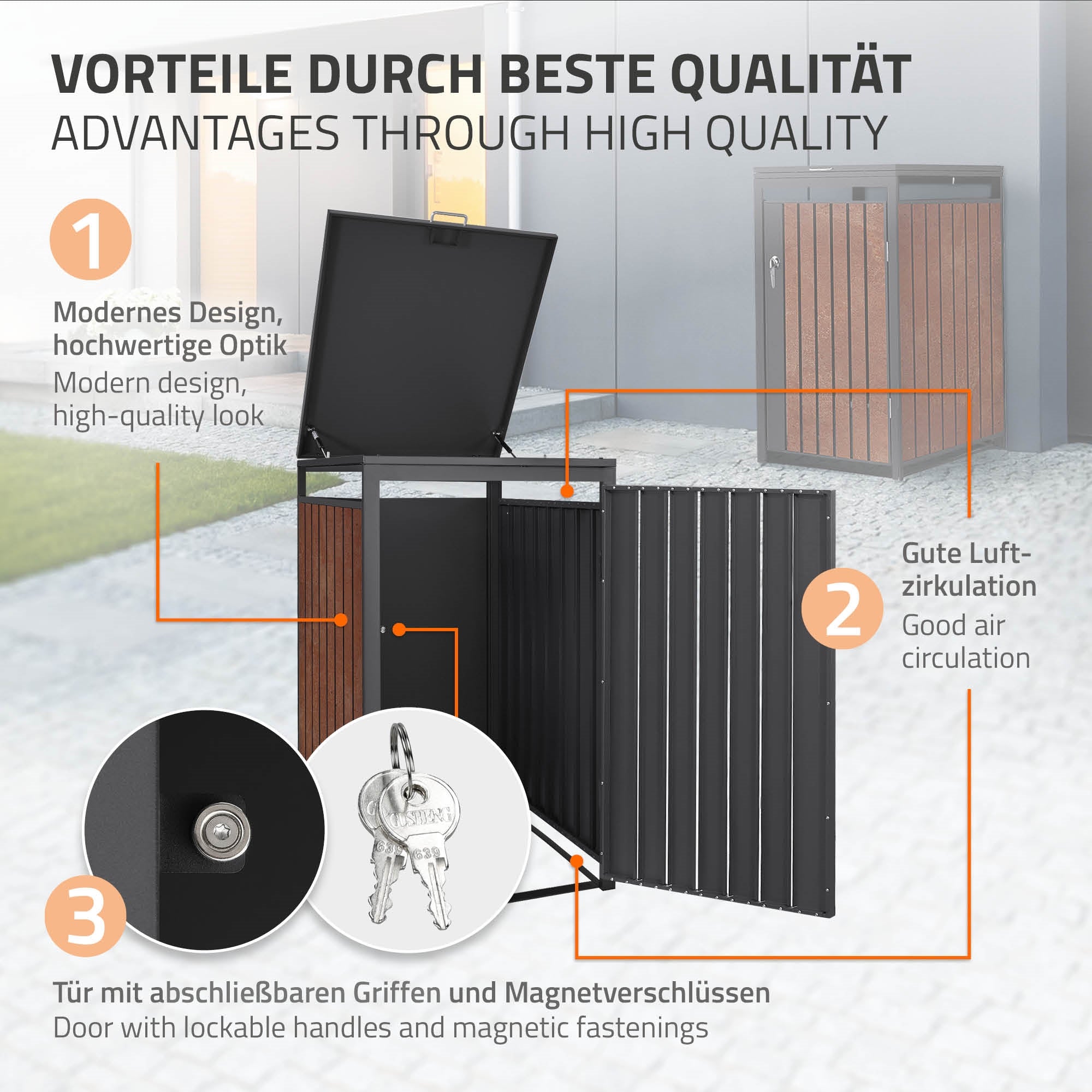 Mülltonnenbox mit offenem Deckel, zeigt gute Luftzirkulation und abschließbare Tür.