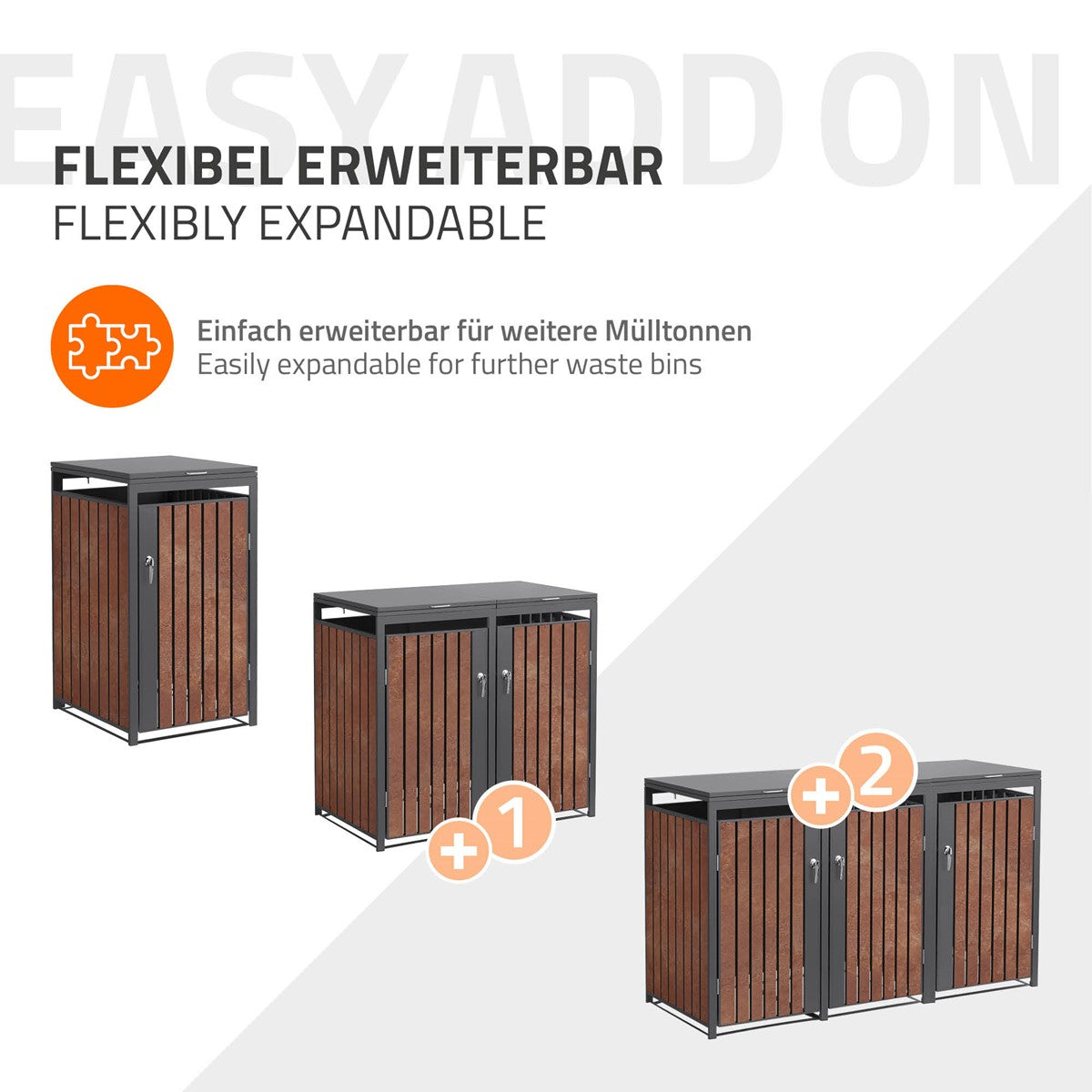 Rozšiřitelné boxy na odpadky, které lze flexibilně uspořádat.