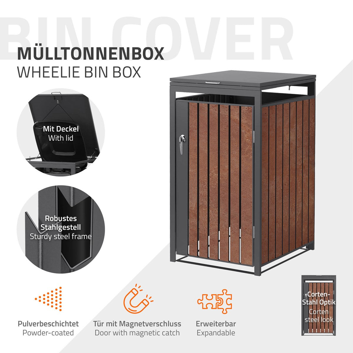 Mülltonnenbox mit Deckel, aus robustem Stahl, mit Magnetverschluss.