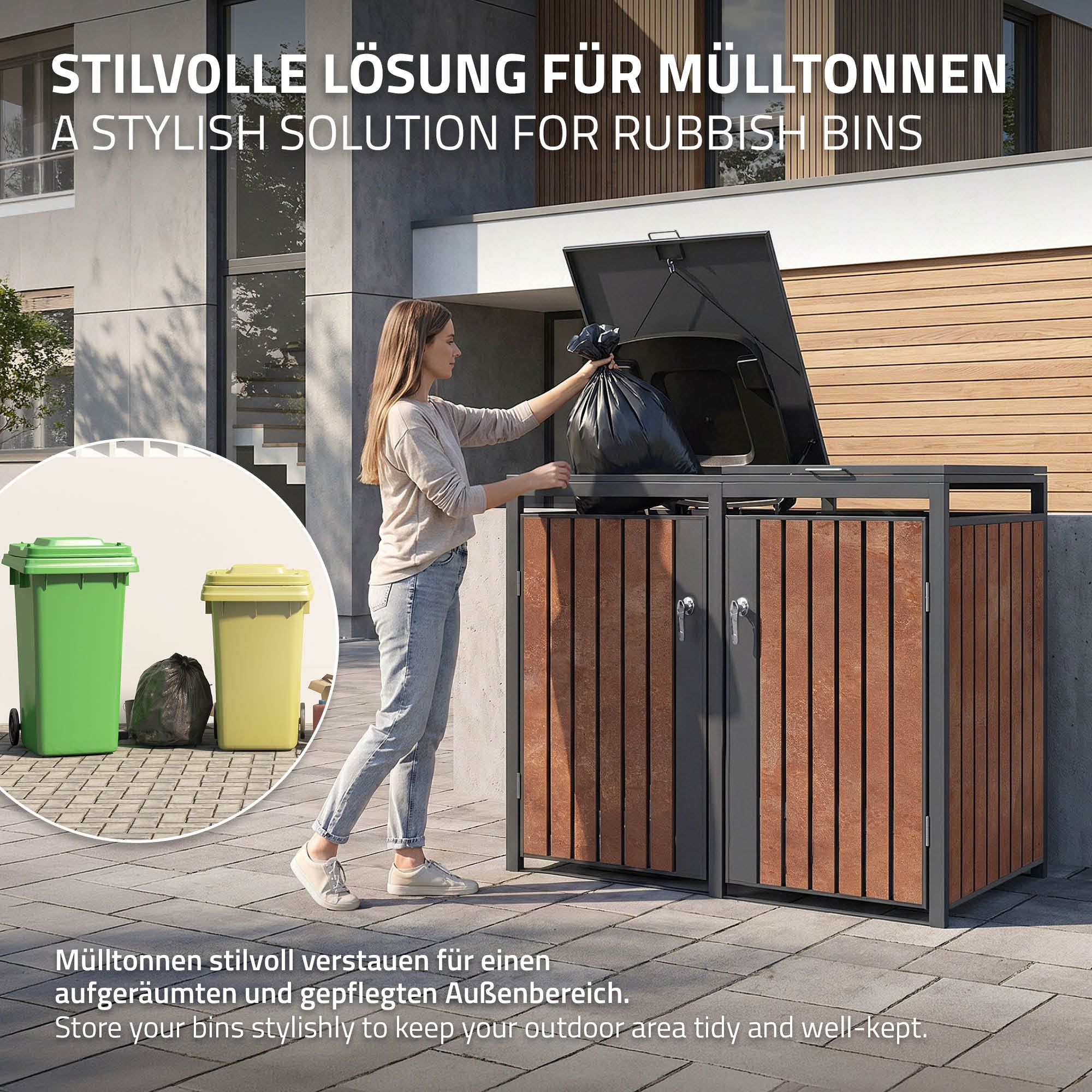Henkilö avaa roskasäiliölaatikon, kun kaksi roskasäiliötä on näkyvissä.