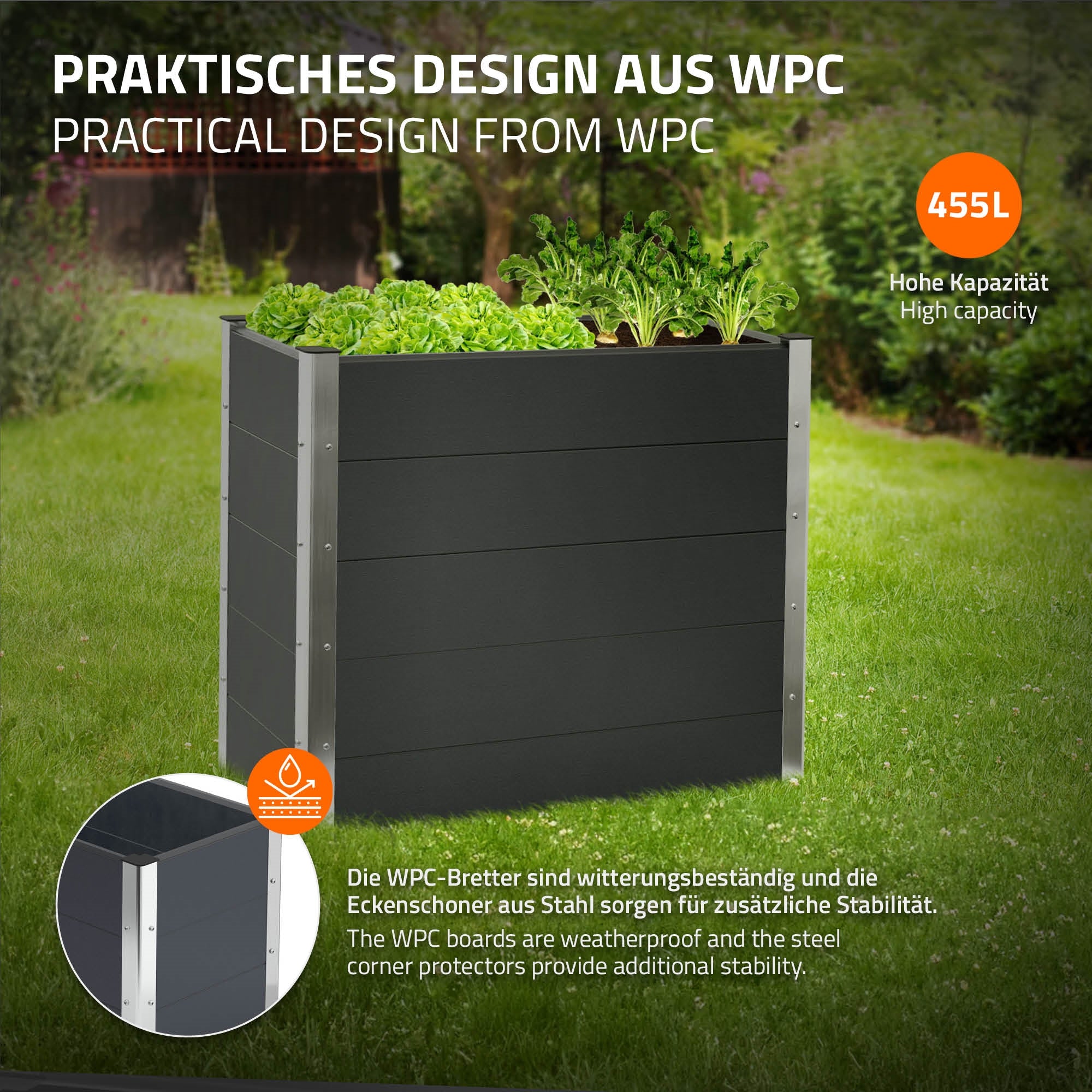 WPC-Hochbeet mit Pflanzen und stabiler Konstruktion.