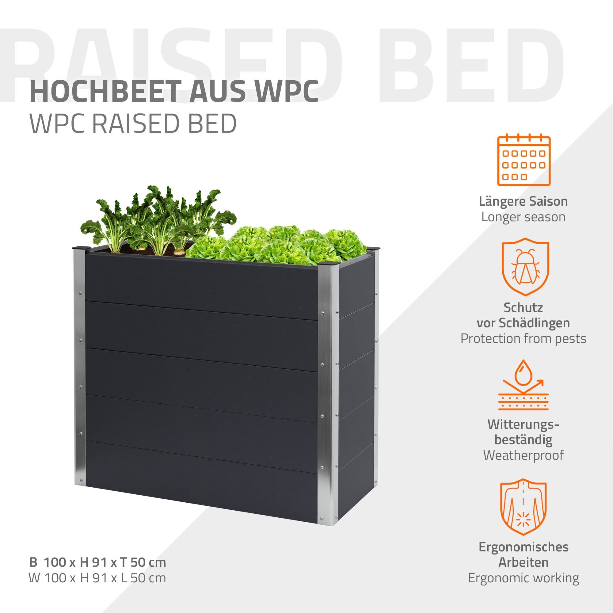 Hochbeet aus WPC mit Informationen zu Größe und Eigenschaften.