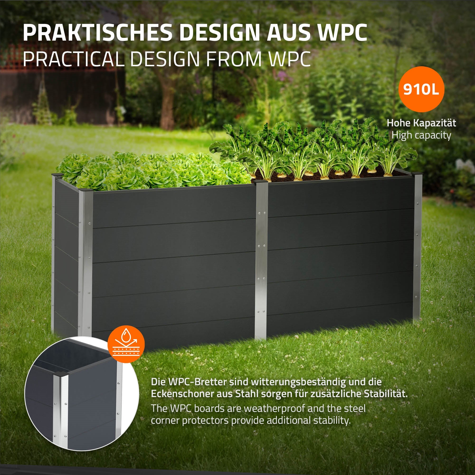 Hochbeet aus WPC mit der Angabe 910L und Pflanzen.