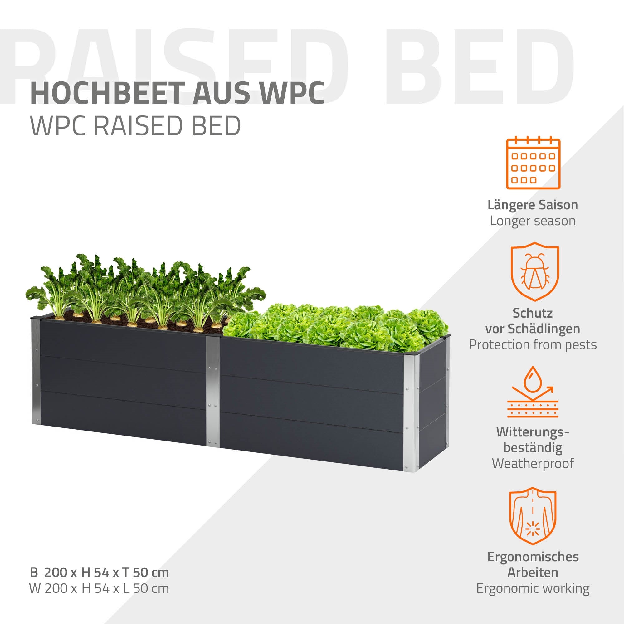 Hochbeet aus WPC mit Pflanzen, grünem Gemüse und stabilen Ecken.
