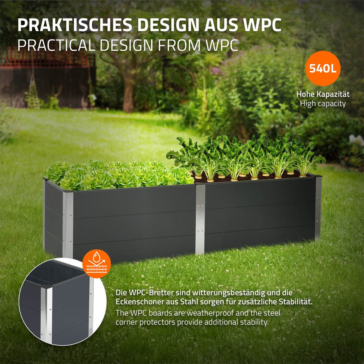 Hochbeet aus WPC mit Pflanzen, grünem Gemüse und stabilen Ecken.