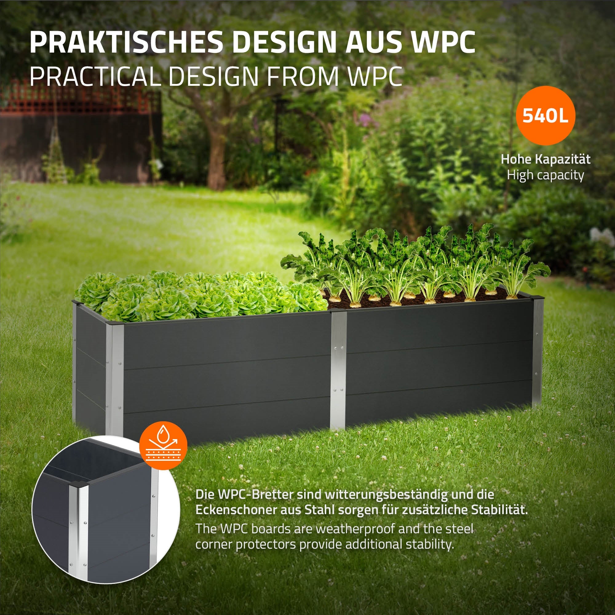 Hochbeet aus WPC mit Pflanzen, grünem Gemüse und stabilen Ecken.
